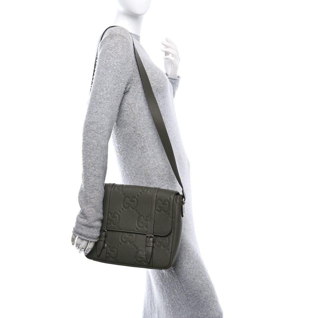 Piuma Calfskin Jumbo GG Embossed Double Buckle Medium Messenger Bag Dark Vintage Olive