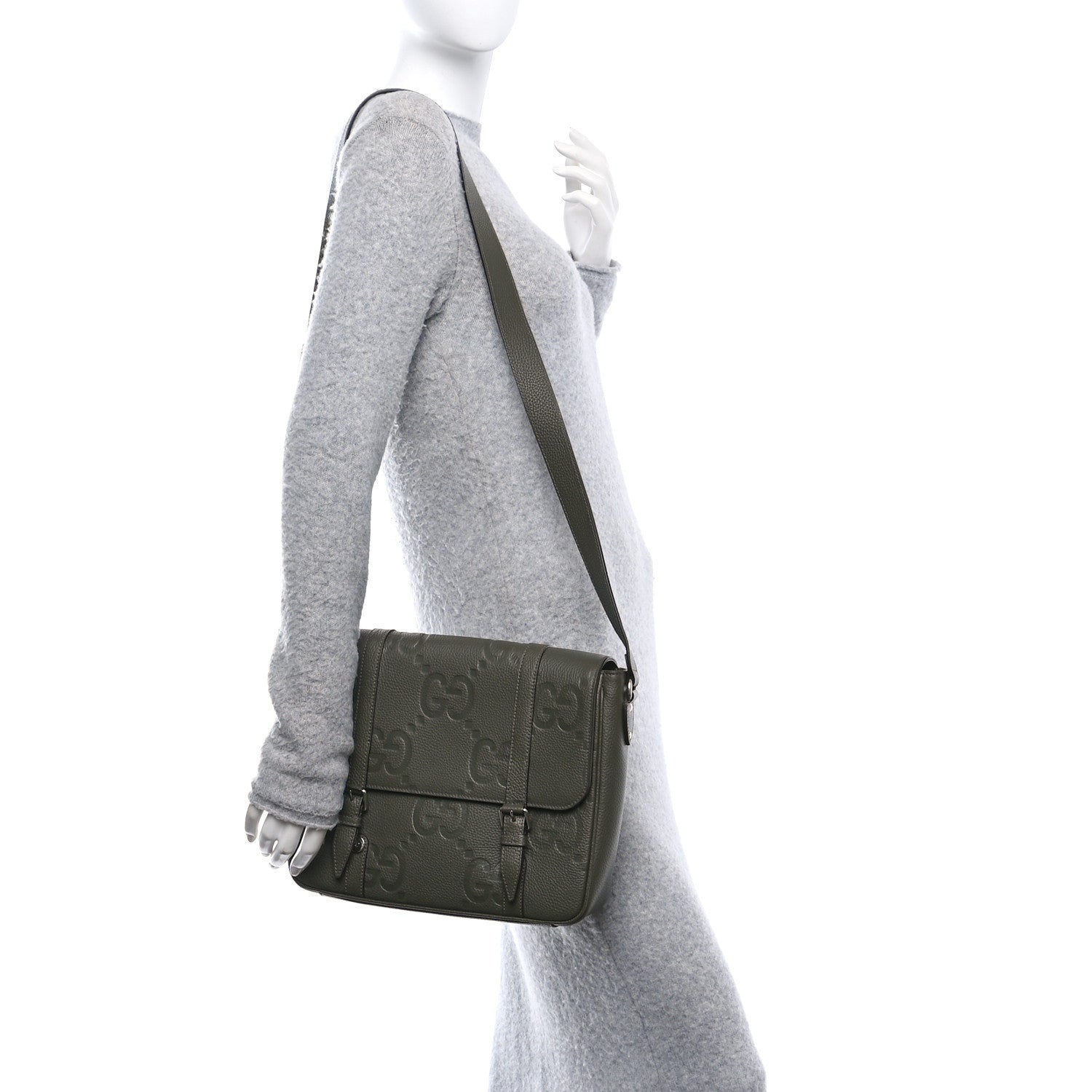 Piuma Calfskin Jumbo GG Embossed Double Buckle Medium Messenger Bag Dark Vintage Olive