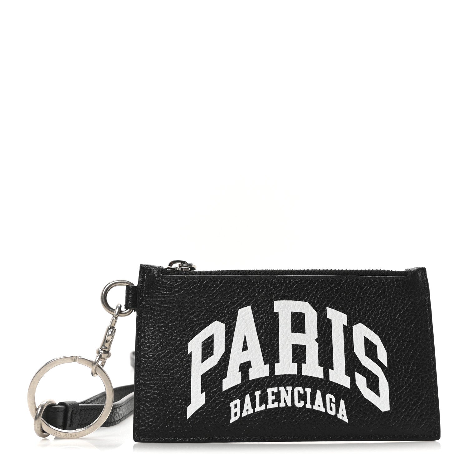Grained Calfskin Paris Logo Cash Coin Card Holder On Keychain Black