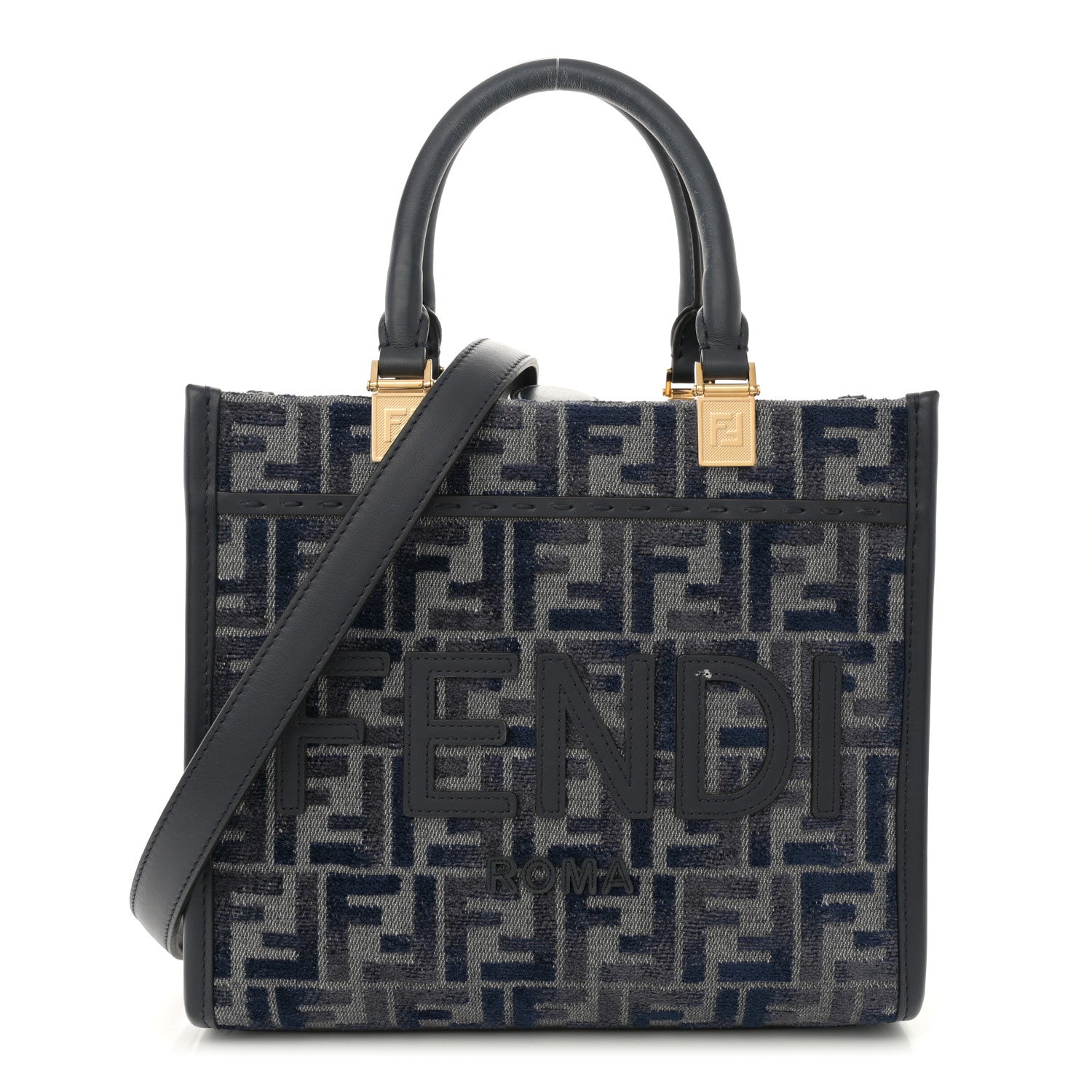 Chenille Vitello Grace FF Embroidered Small Fendi Sunshine Shopper Tote Dark Blue Grey