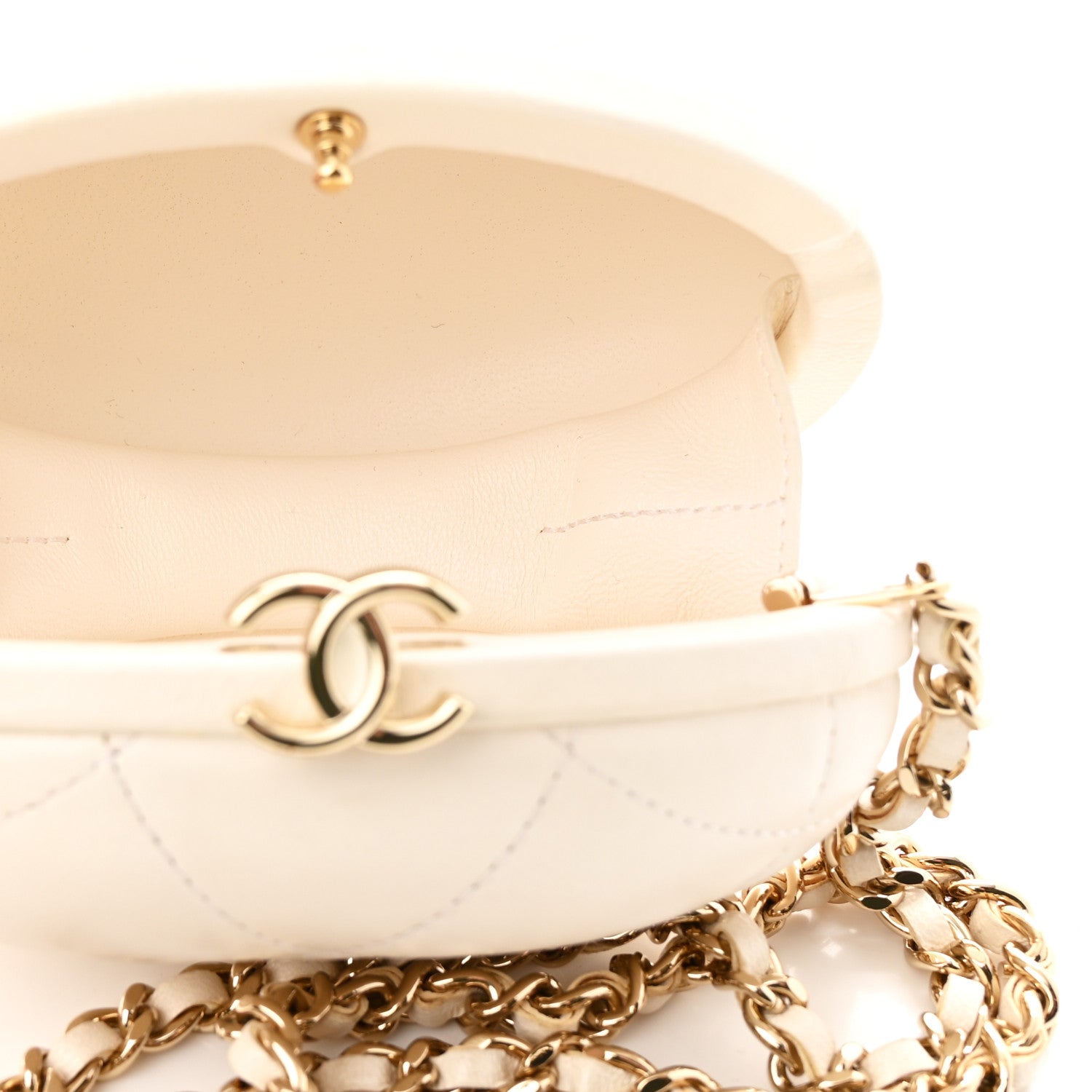 Lambskin Quilted Oval Minaudiere Chain Clutch White