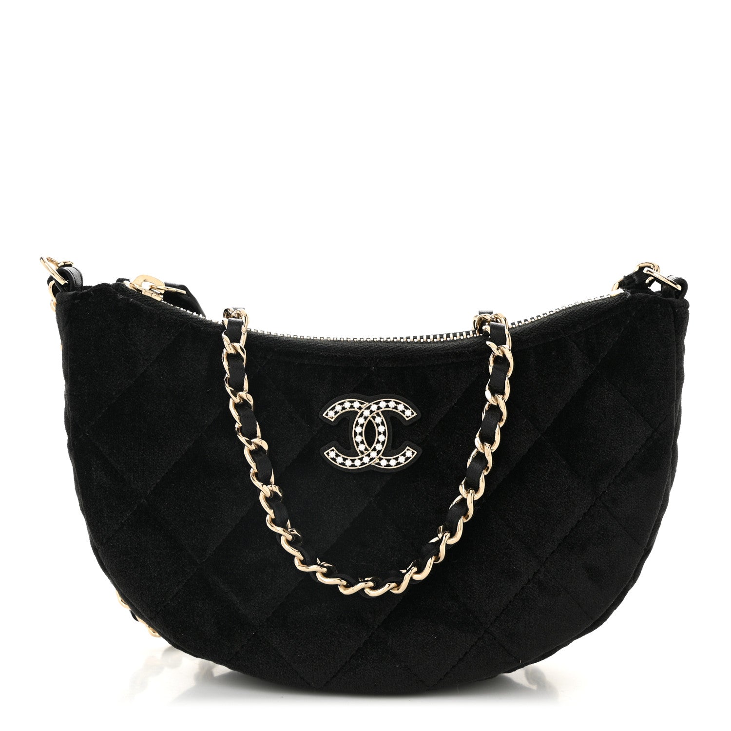 Velvet Crystal Quilted Chain Hobo Black