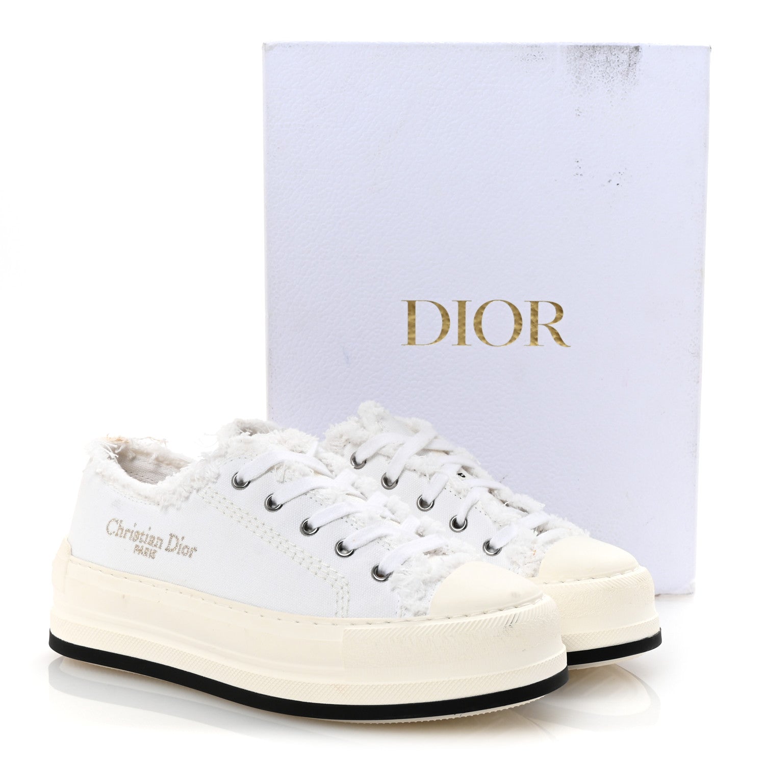 Frayed Canvas Embroidered Logo Walk'N'Dior Low Top Platform Sneakers 38 White