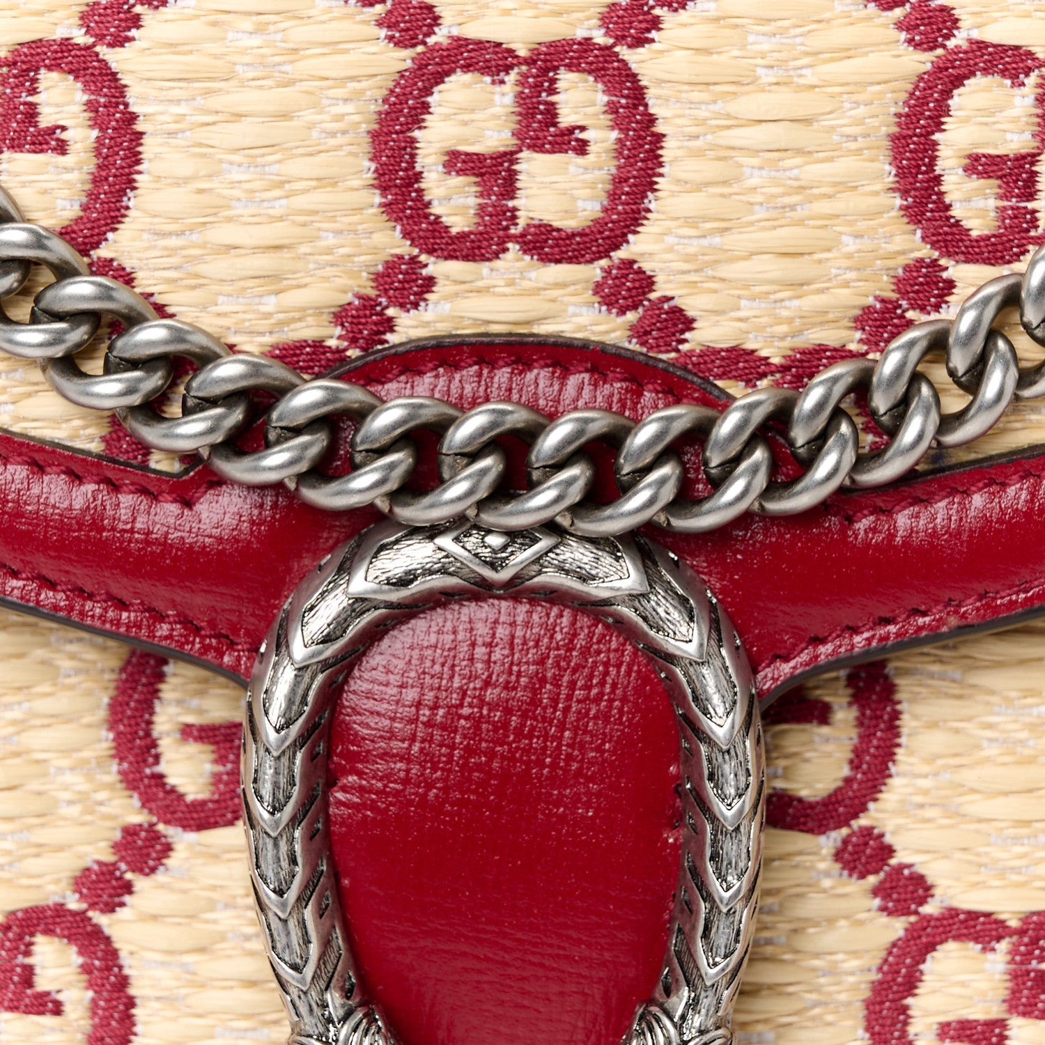 Straw Jacquard Azalea Calfskin GG Monogram Mini Dionysus Chain Wallet Natural New Cherry Red