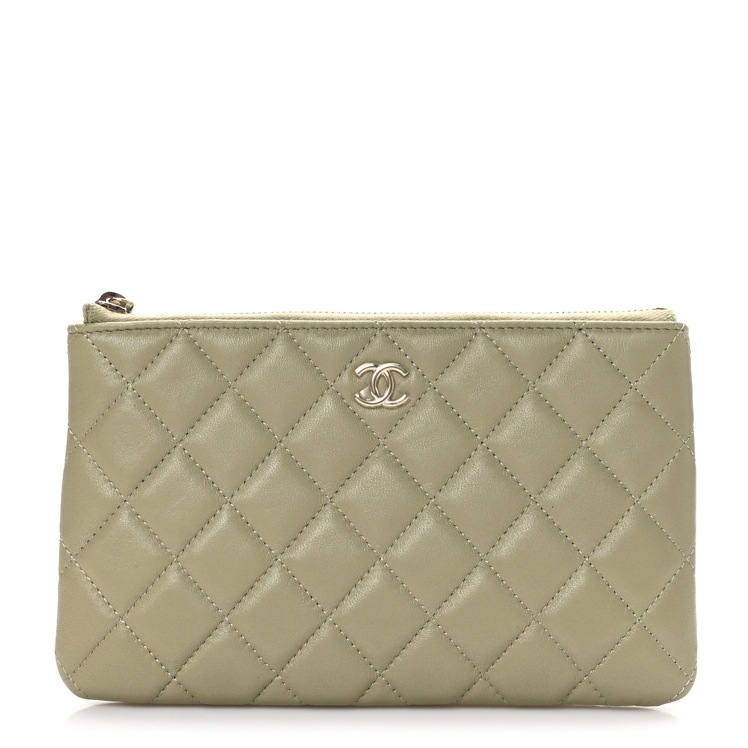 Lambskin Quilted Zipped Pouch Green Yellow