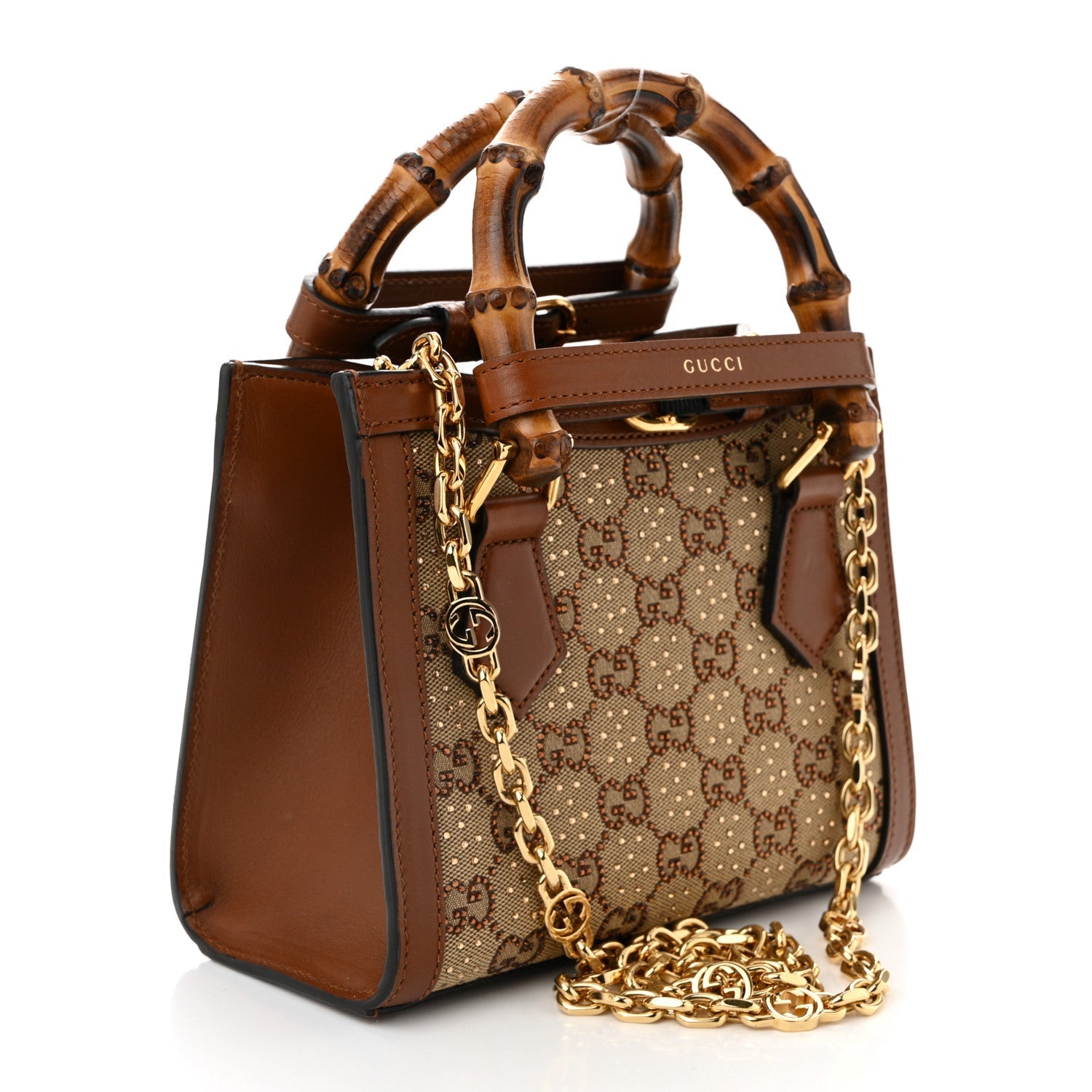 New Canvas Charisma Calfskin Crystal GG Monogram Mini Diana Tote Bag Camel Ebony