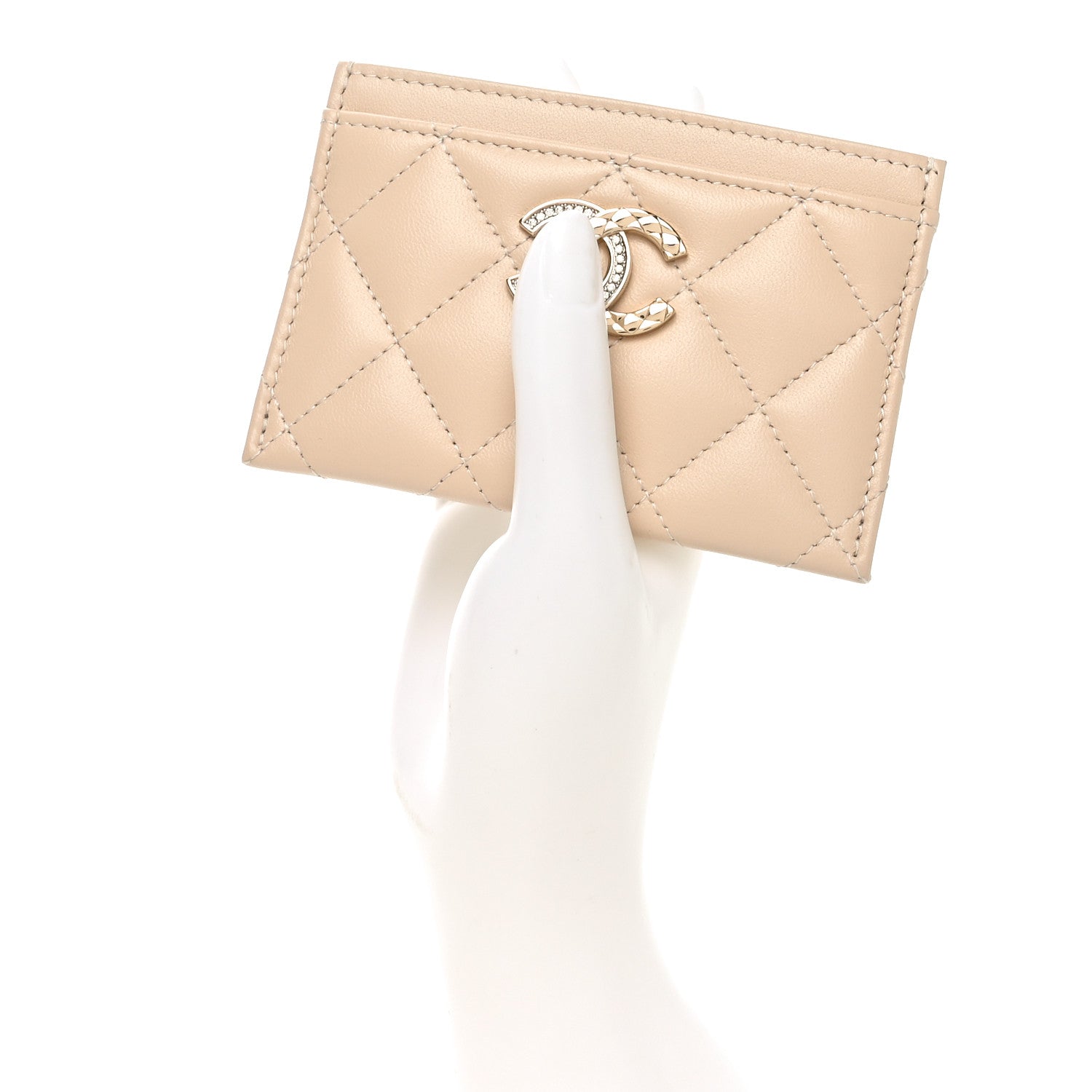 Lambskin Quilted Crystal CC Card Holder Beige