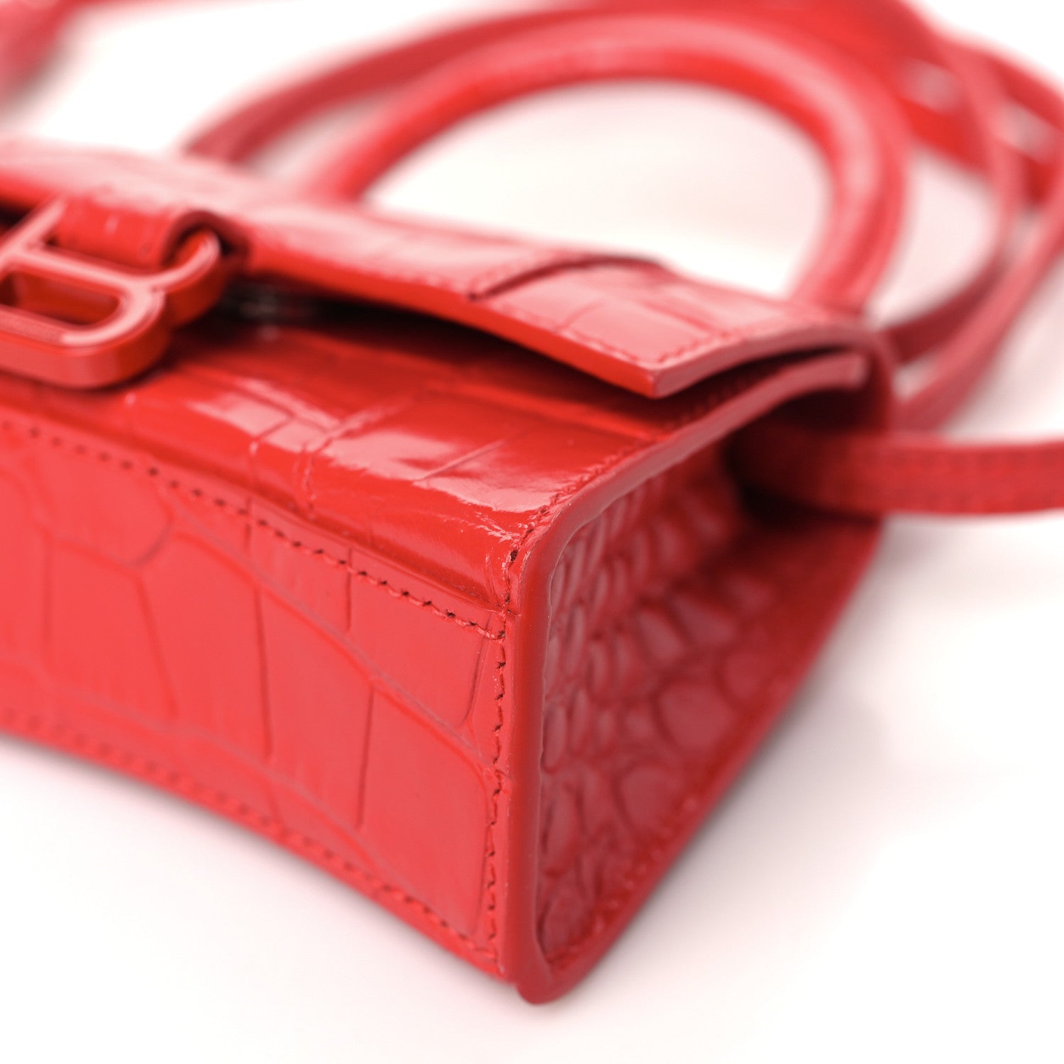 Shiny Calfskin Tonal B Crocodile Embossed Hourglass Top Handle Bag Mini Bright Red