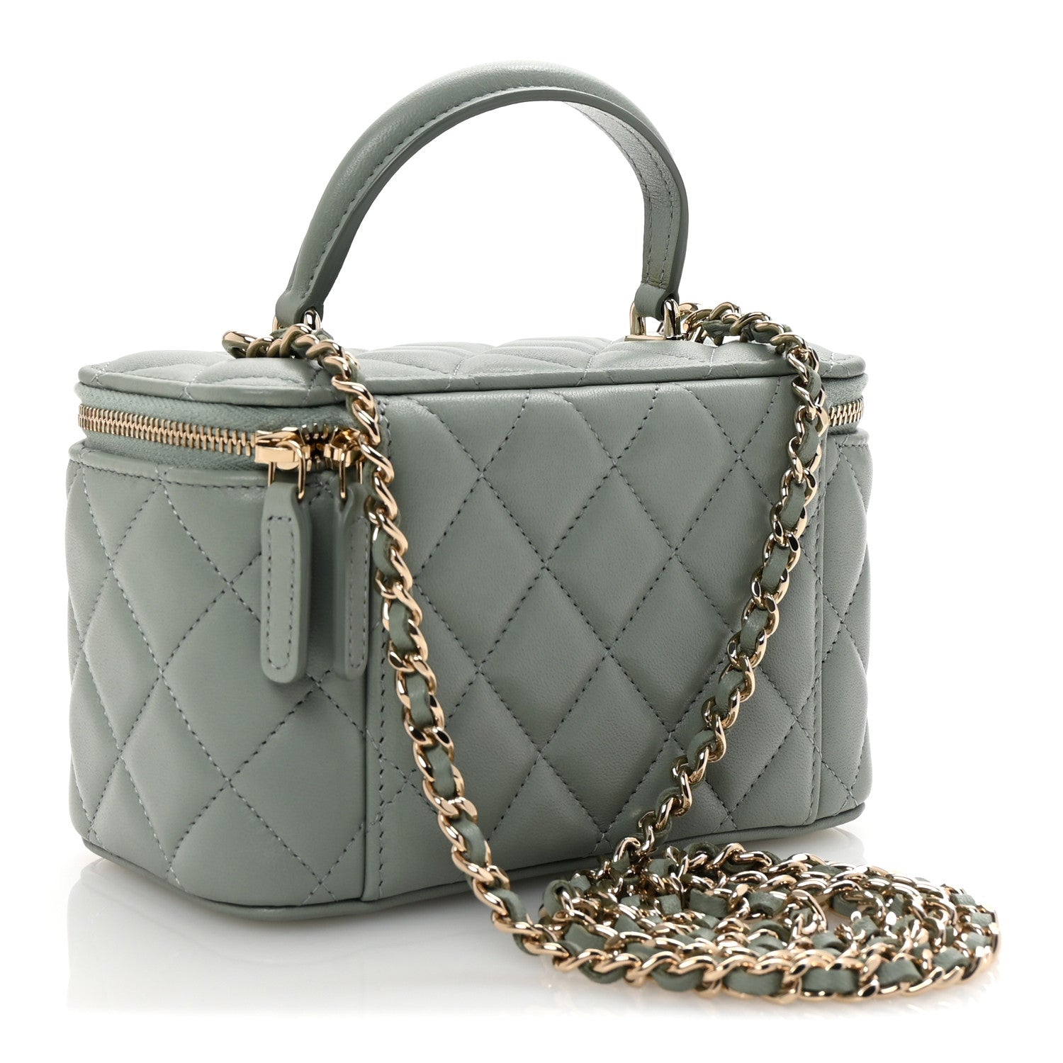 Lambskin Quilted Small Top Handle Vanity Case With Chain Light Blue