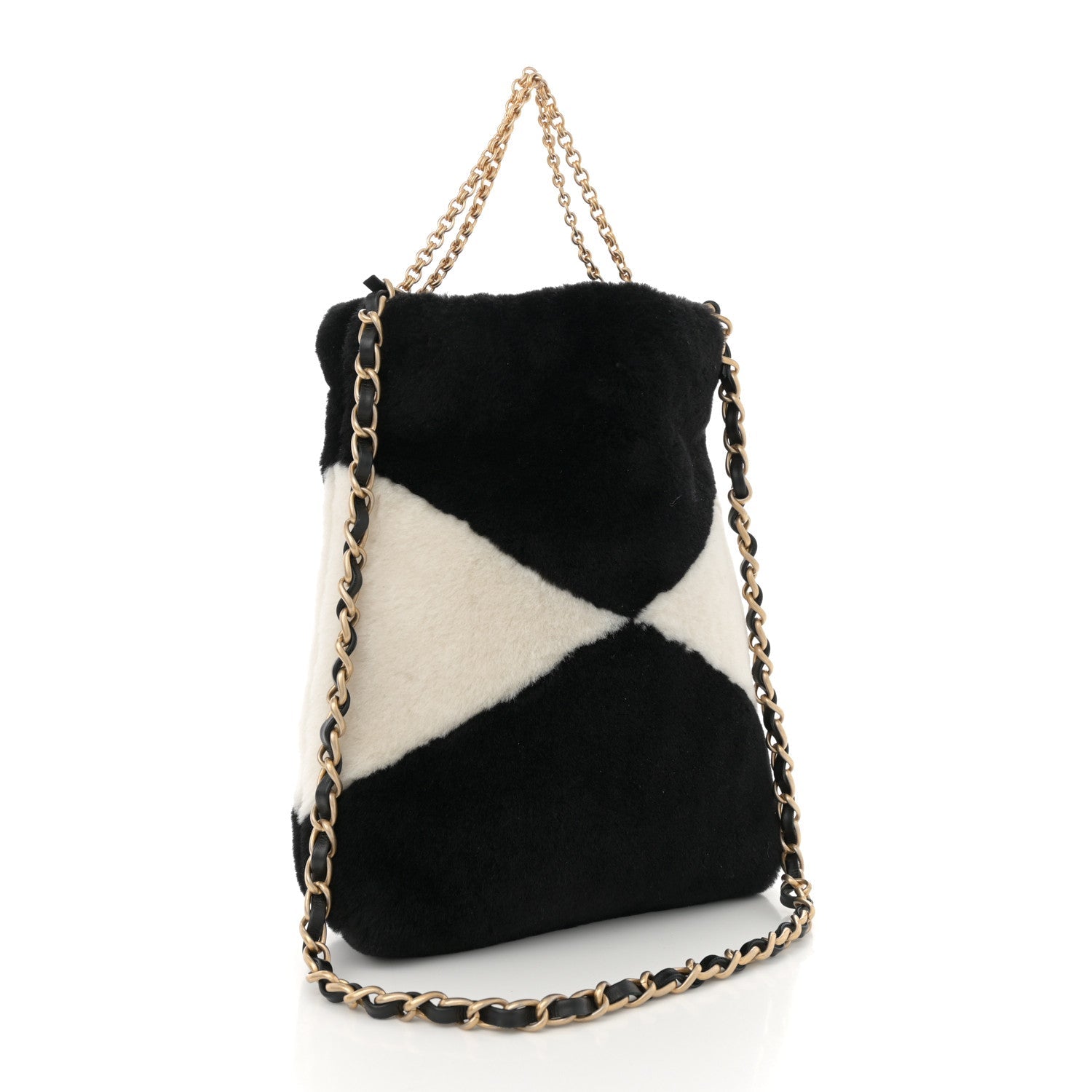 Shearling Checkered Drawstring Bag White Black