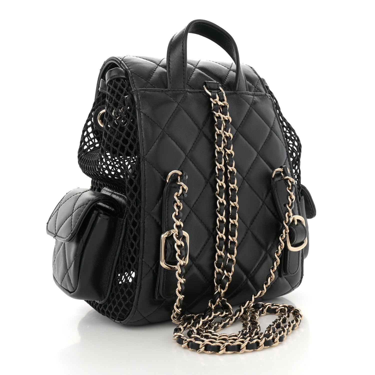 Shiny Lambskin Mesh Quilted Small Cargo Duma Drawstring Backpack Black