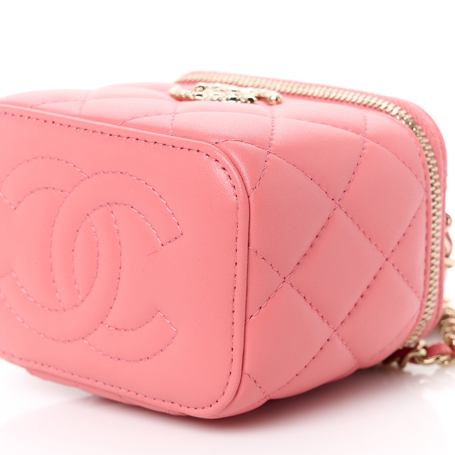 Lambskin Quilted Crystal Top Handle Mini Vanity Case With Chain Coral