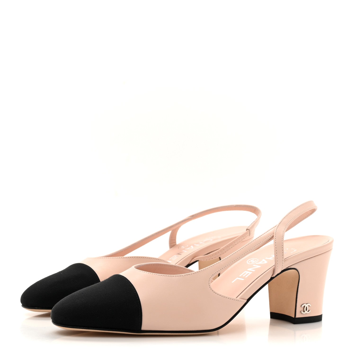 Calfskin Grosgrain Cap Toe CC Slingback Pumps 37 Light Pink Black