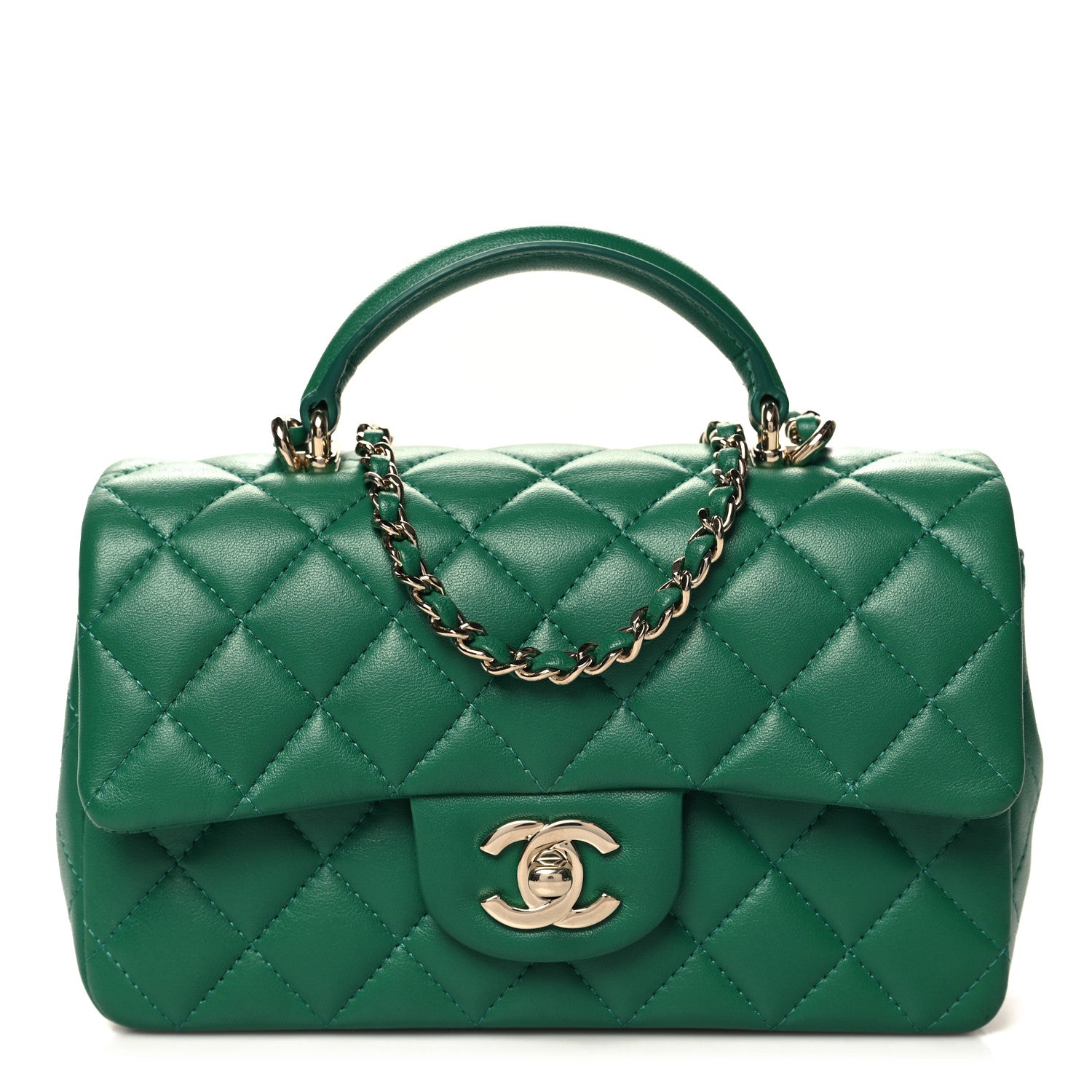 Lambskin Quilted Mini Top Handle Rectangular Flap Green