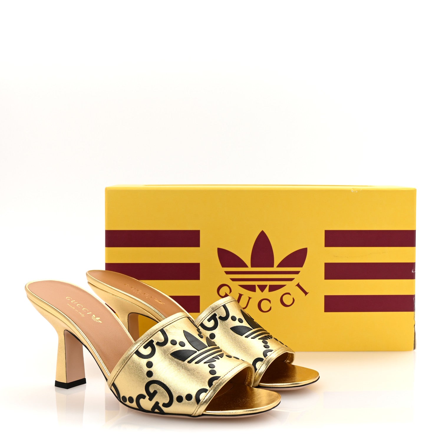 X ADIDAS Nappa Silk Charlotte Monogram Jumbo GG Trefoil 75mm Slide Sandals 39.5 King Gold Black