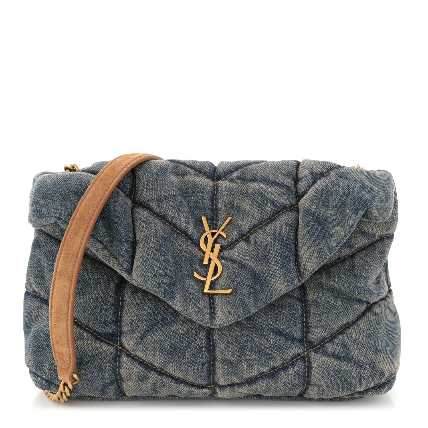 Denim Quilted Toy Loulou Puffer Monogram Chain Satchel Blue Cinnamon
