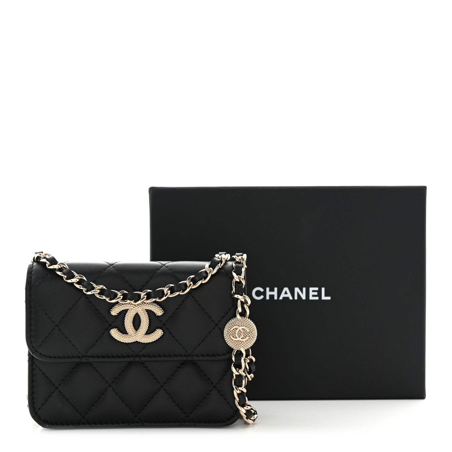 Lambskin Quilted Crystal CC Charm Clutch With Chain Black
