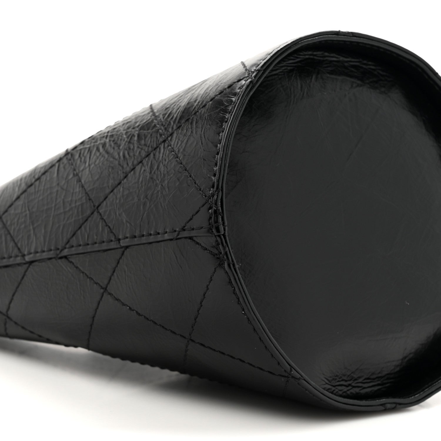 Crumpled Calfskin Quilted Chain Drawstring Bucket Bag Black