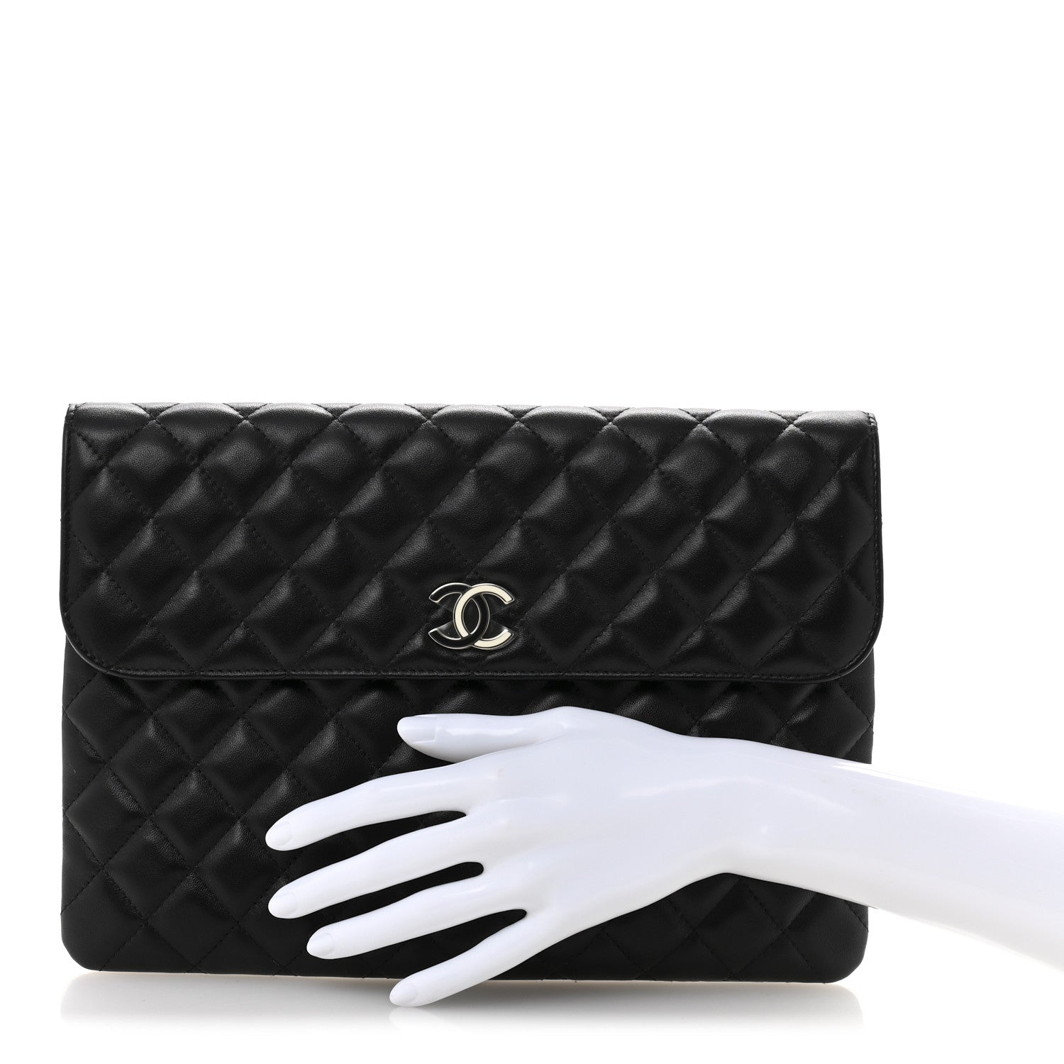 Lambskin Enamel Quilted Document Portfolio Holder Black