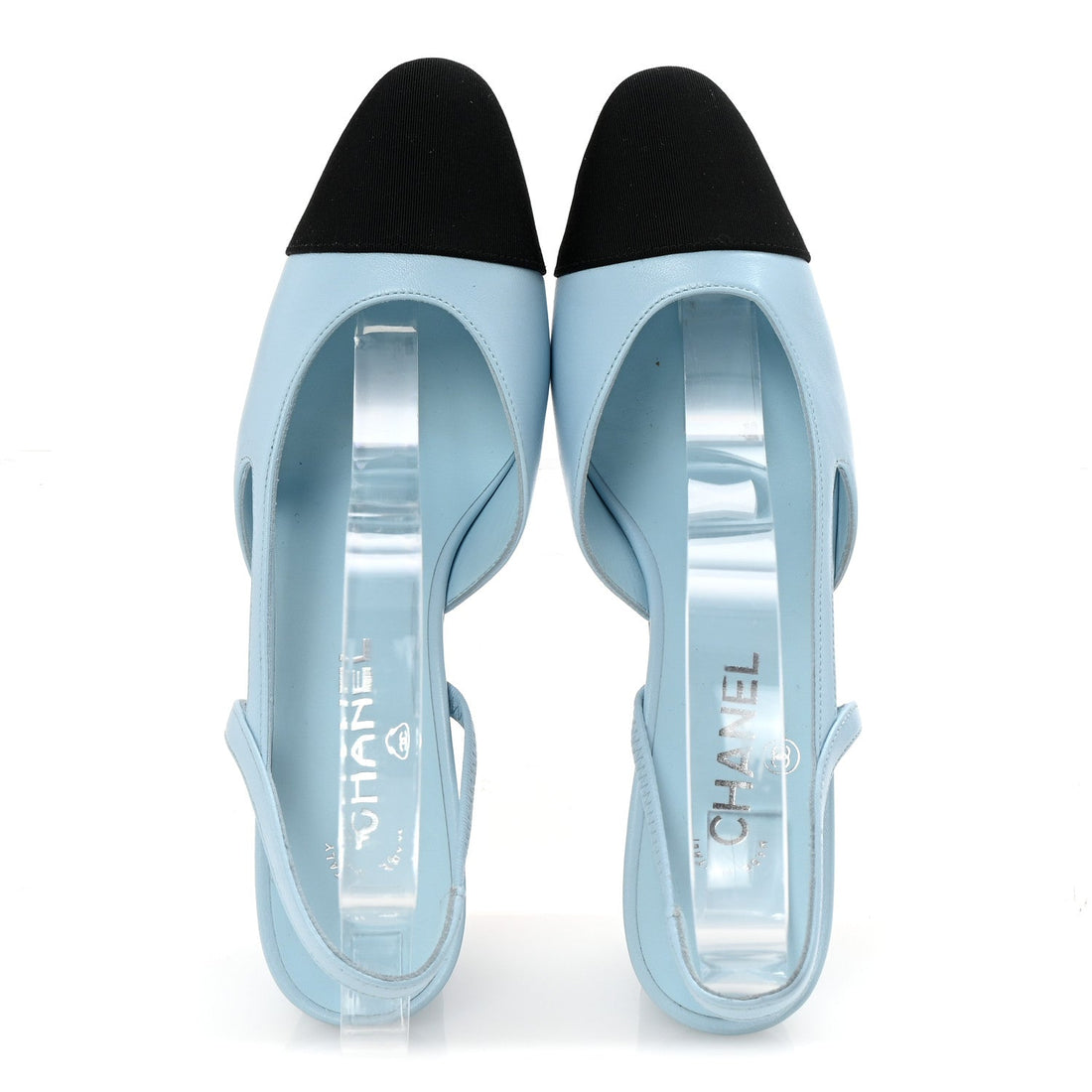 Lambskin Grosgrain Cap Toe CC Slingback Pumps 38 Light Blue Black