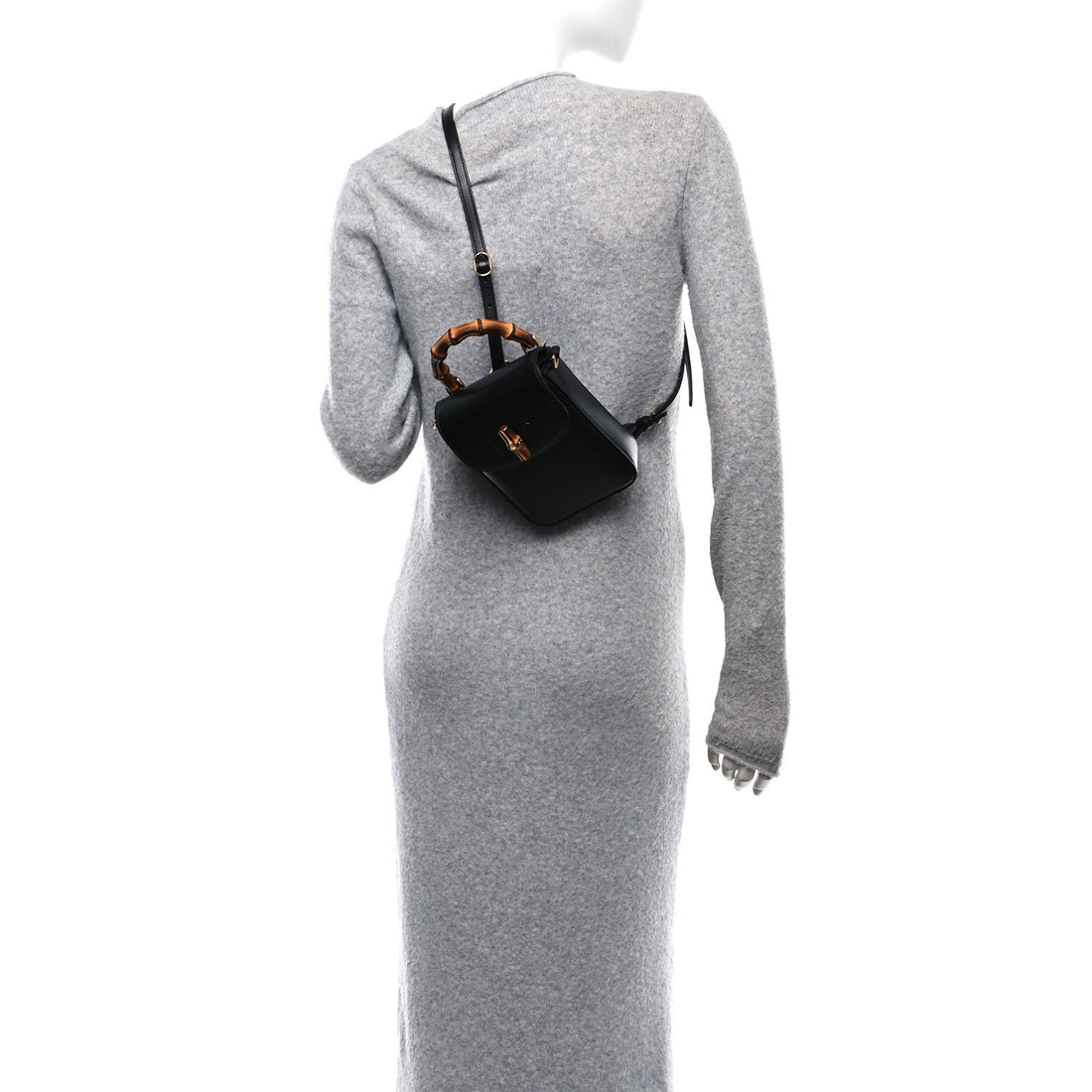 Calfskin Mini Bamboo Top Handle 3 Way Shoulder Bag Black