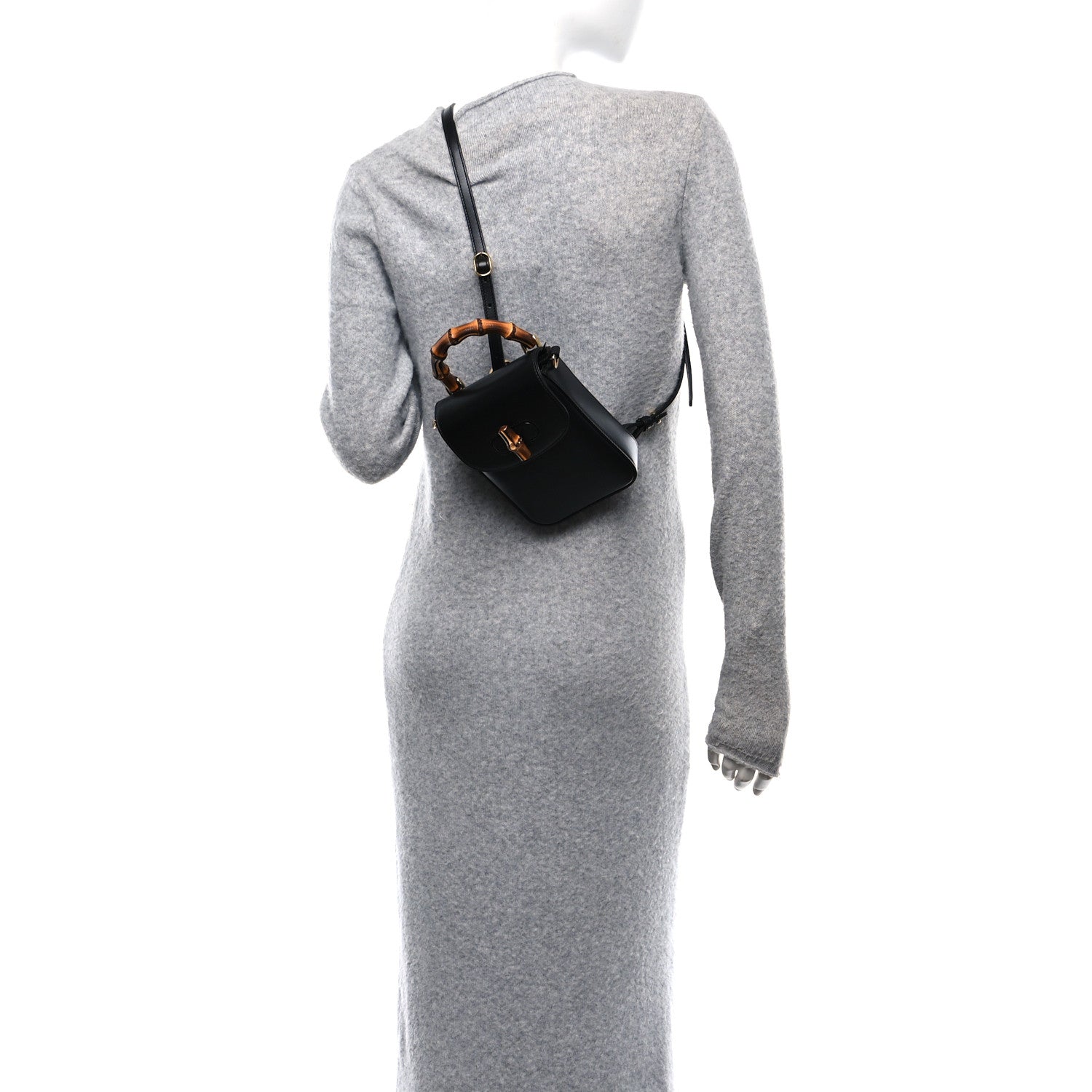 Calfskin Mini Bamboo Top Handle 3 Way Shoulder Bag Black