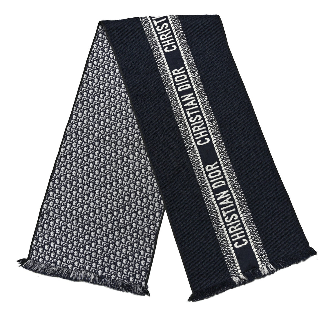 Wool Silk Oblique University Reversible Scarf Navy Blue