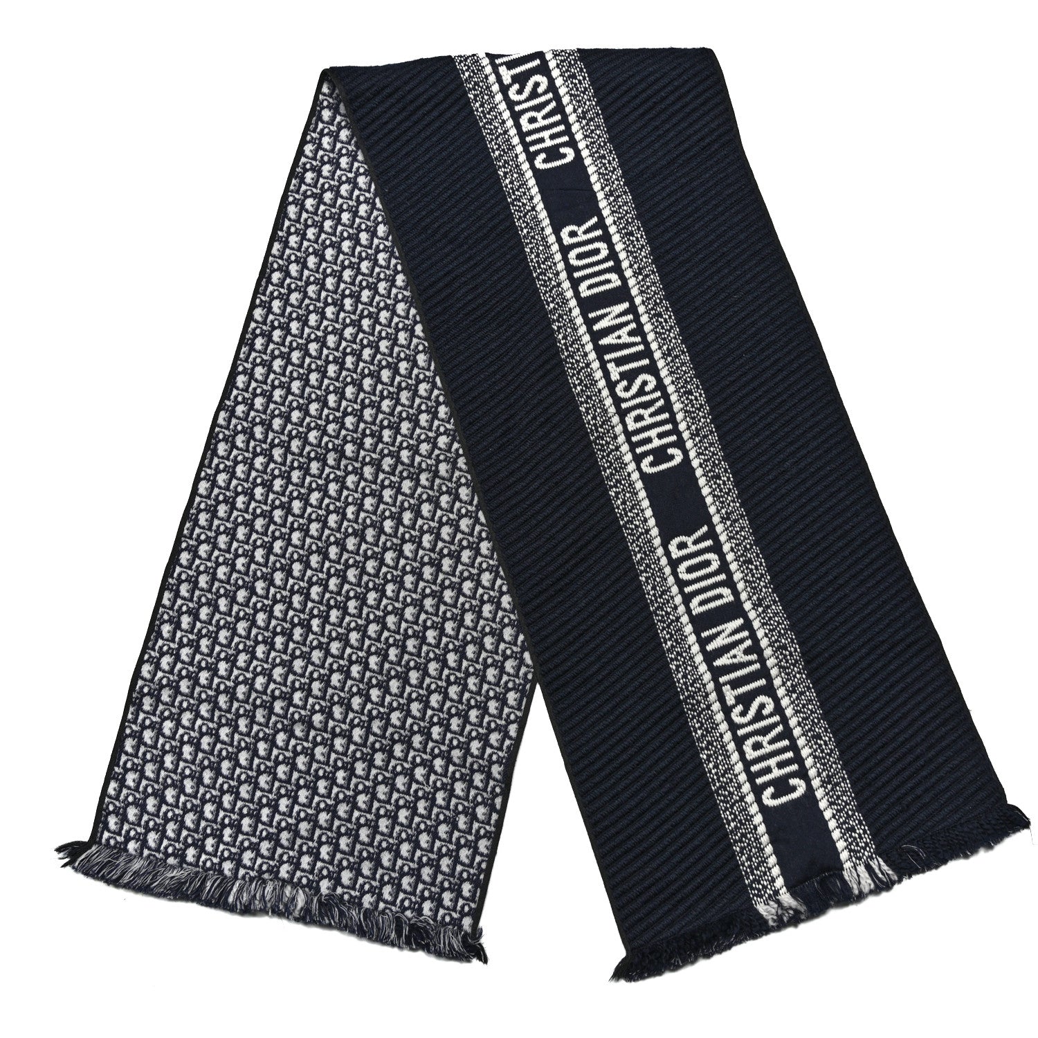 Wool Silk Oblique University Reversible Scarf Navy Blue