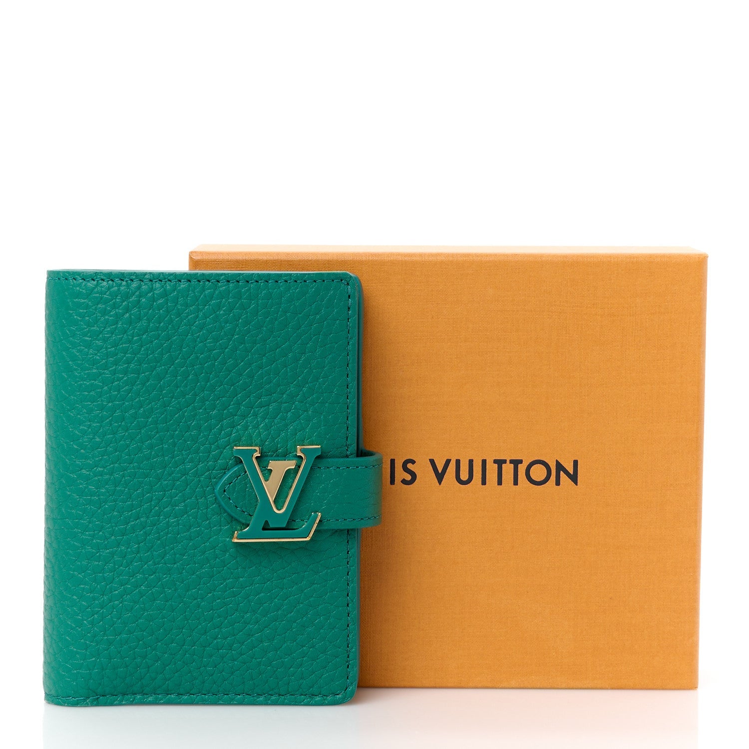 Taurillon Capucines Vertical Compact Wallet Green