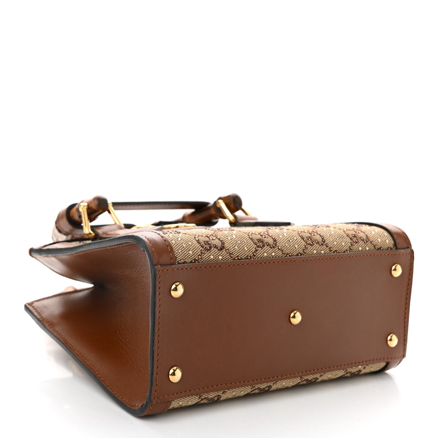 New Canvas Charisma Calfskin Crystal GG Monogram Mini Diana Tote Bag Camel Ebony