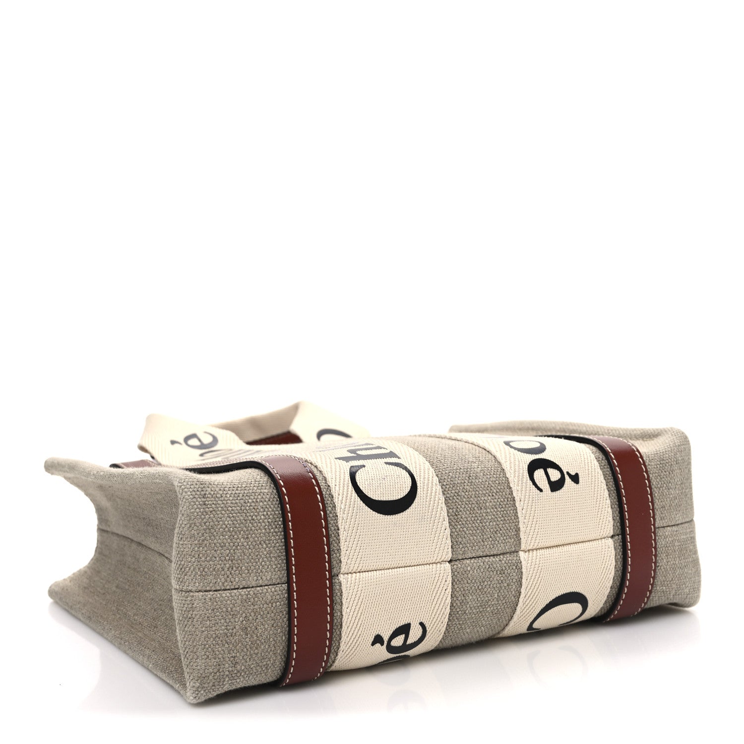 Linen Calfskin Small Woody Ribbon Tote With Strap White Brown