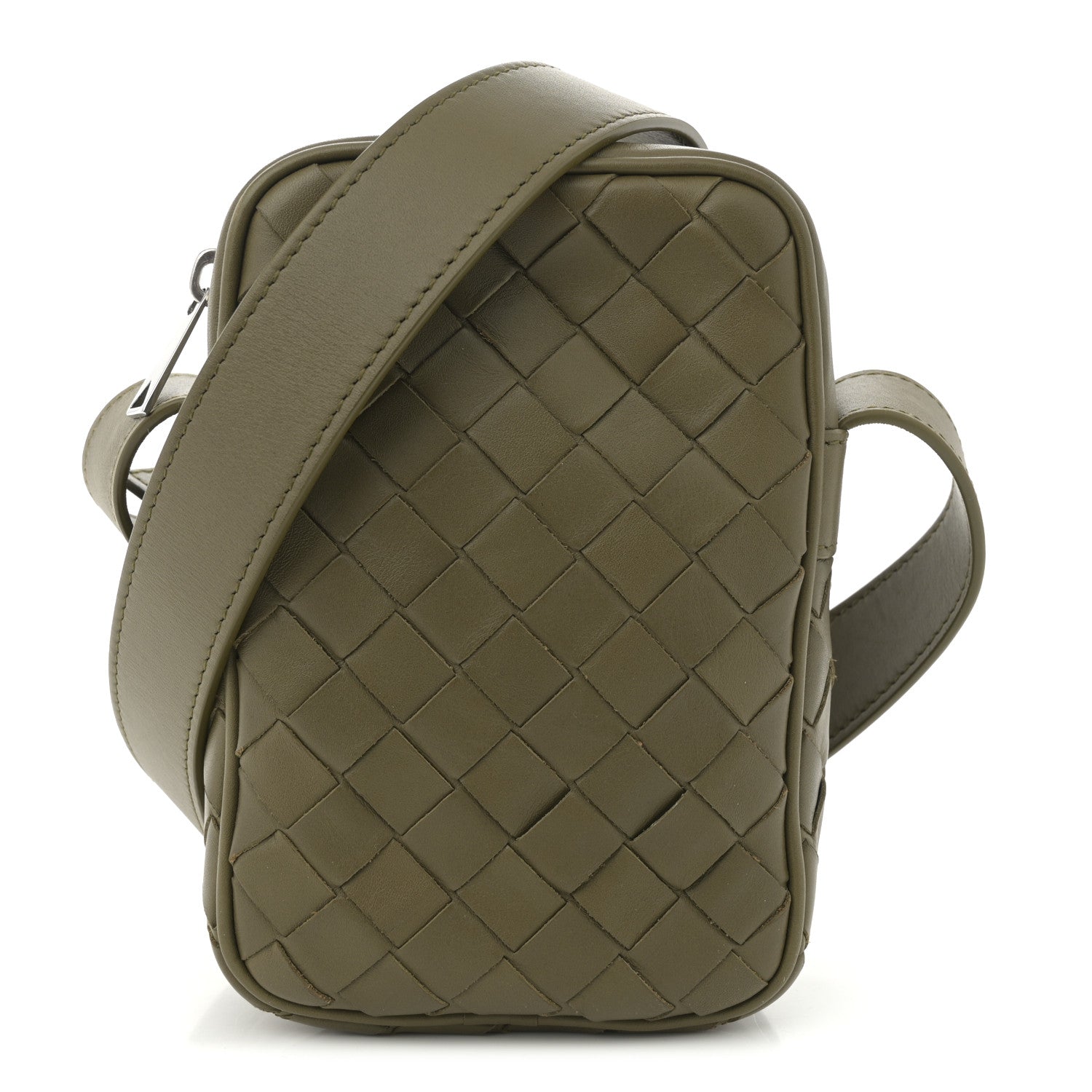 Calfskin Intrecciato Mini Cassette Phone Holder Crossbody Khaki