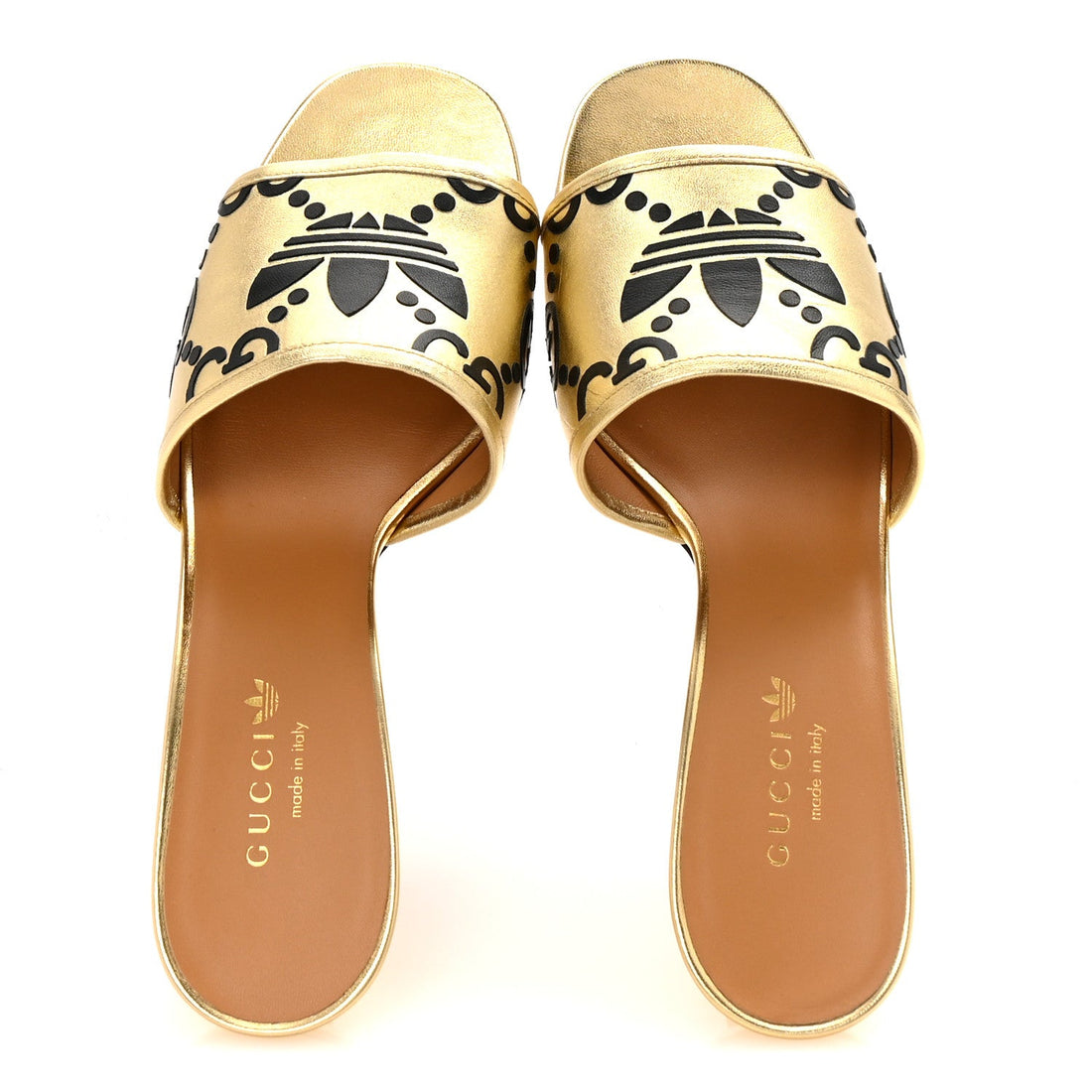 X ADIDAS Nappa Silk Charlotte Monogram Jumbo GG Trefoil 75mm Slide Sandals 39.5 King Gold Black