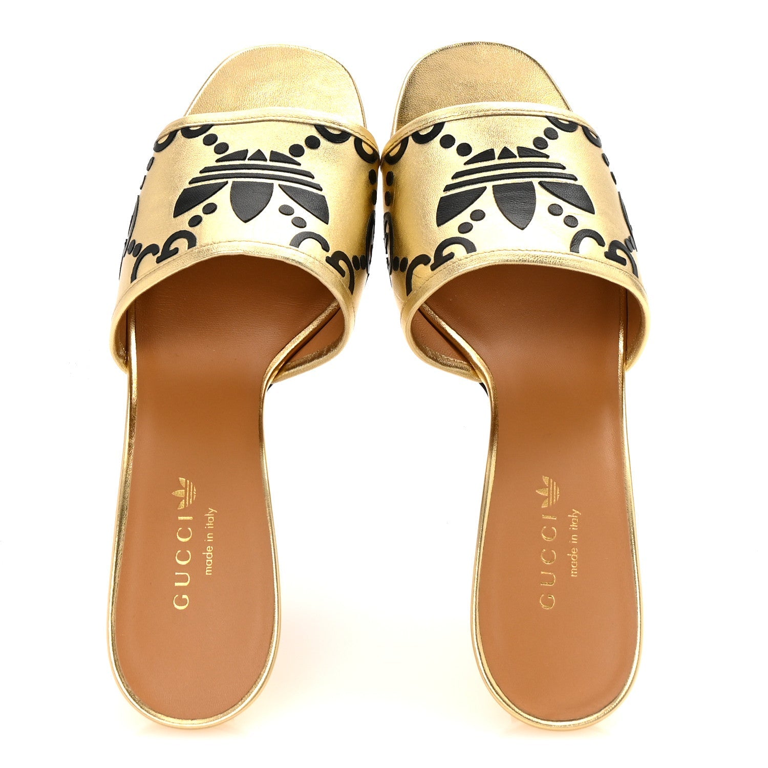 X ADIDAS Nappa Silk Charlotte Monogram Jumbo GG Trefoil 75mm Slide Sandals 39.5 King Gold Black