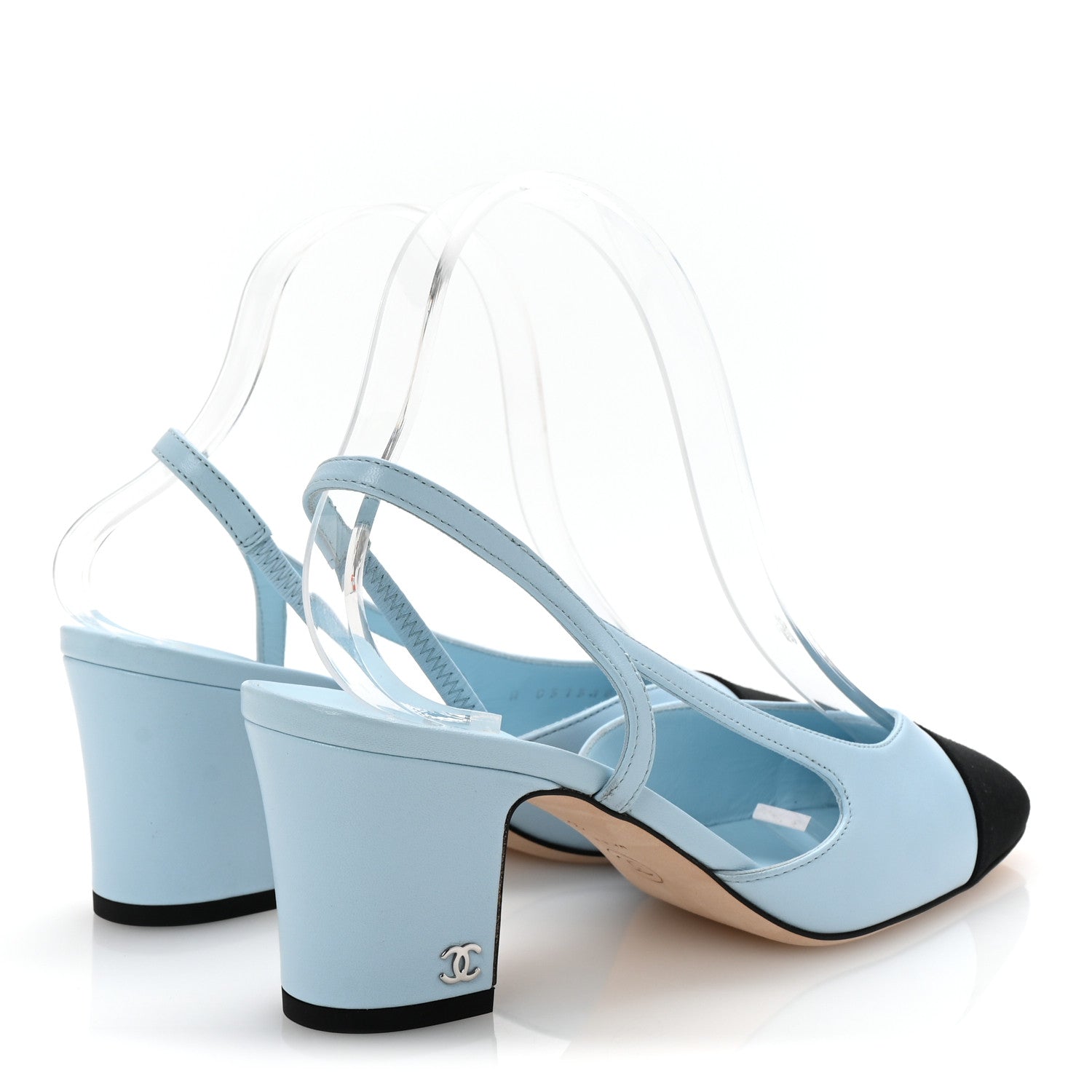 Lambskin Grosgrain Cap Toe CC Slingback Pumps 38 Light Blue Black