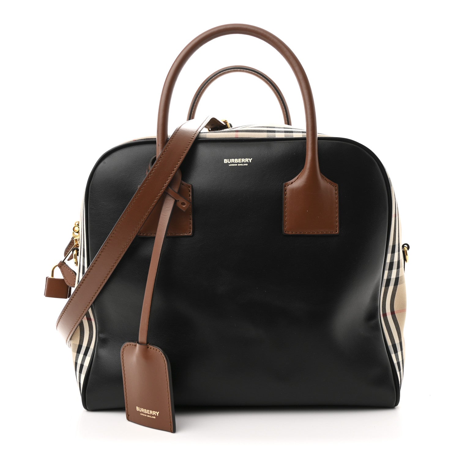 Smooth Calfskin House Check Medium Cube Bowling Bag Archive Beige