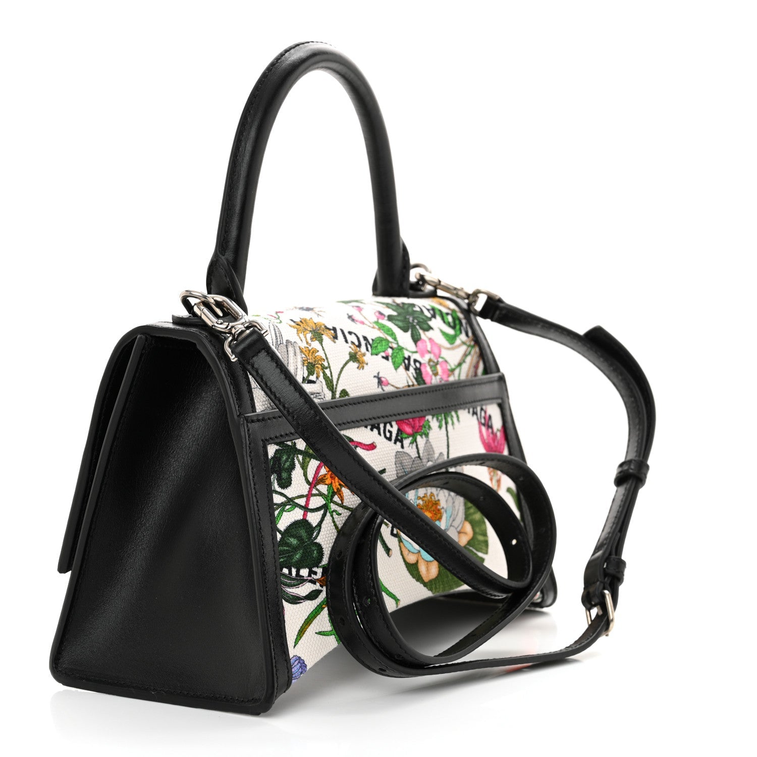 X GUCCI Canvas Boarded Plutone Calfskin Flora Logo Print Small Hourglass Top Handle Bag White Multicolor Black