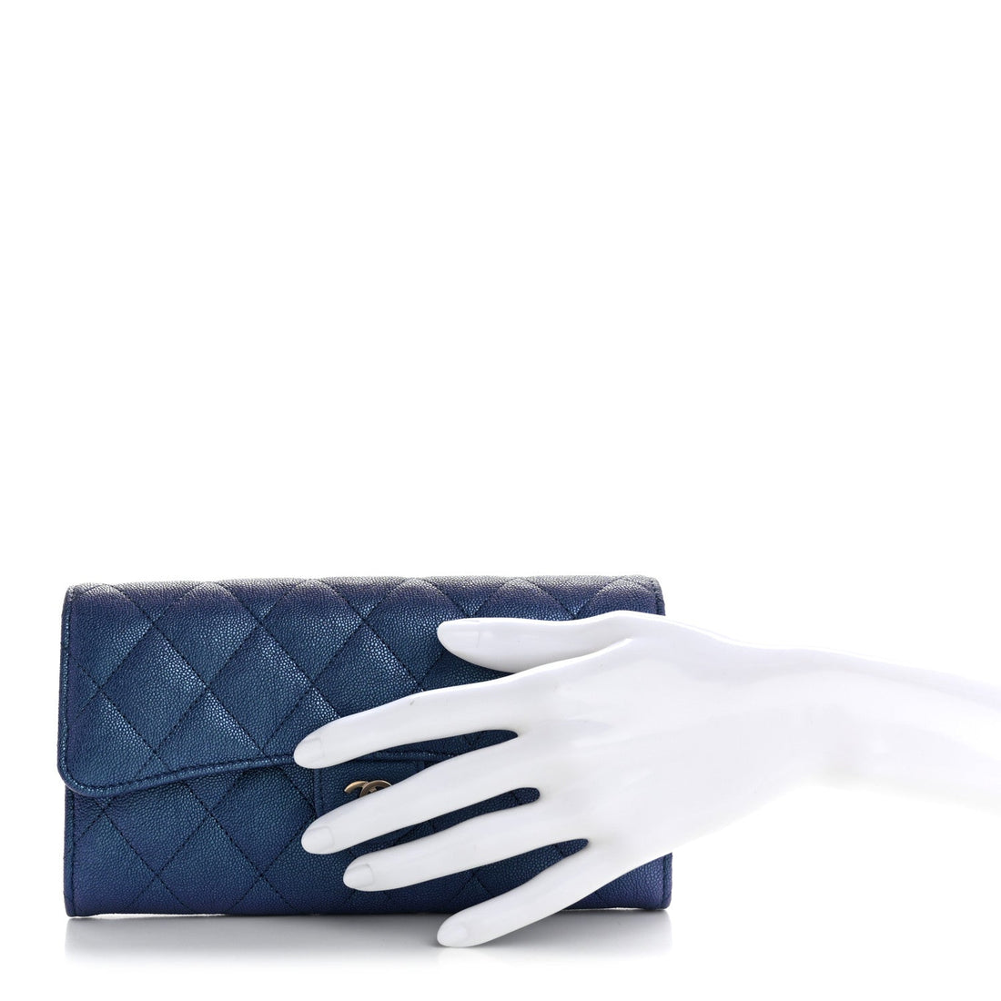 Iridescent Caviar Quilted Large Gusset Flap Wallet Dark Blue