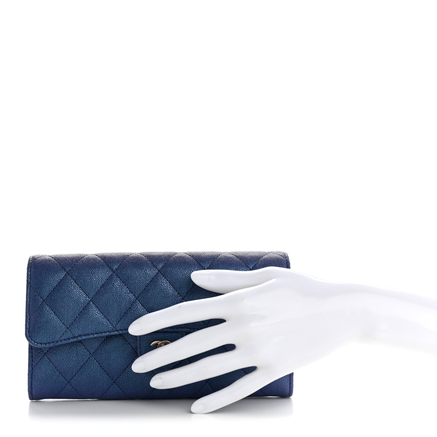 Iridescent Caviar Quilted Large Gusset Flap Wallet Dark Blue