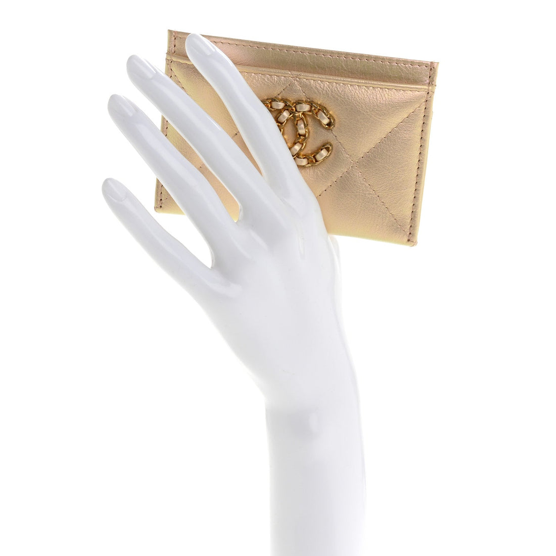 Metallic Goatskin Quilted Chanel 19 Card Holder Gold