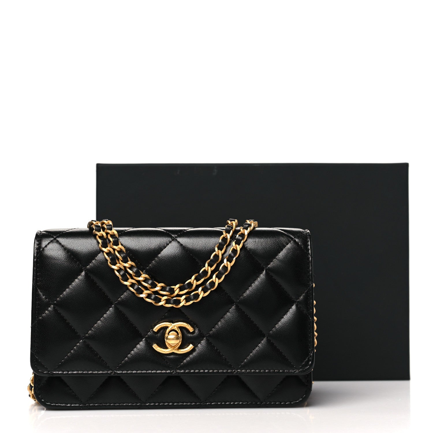 Lambskin Quilted Logo WOC Wallet On Chain Black