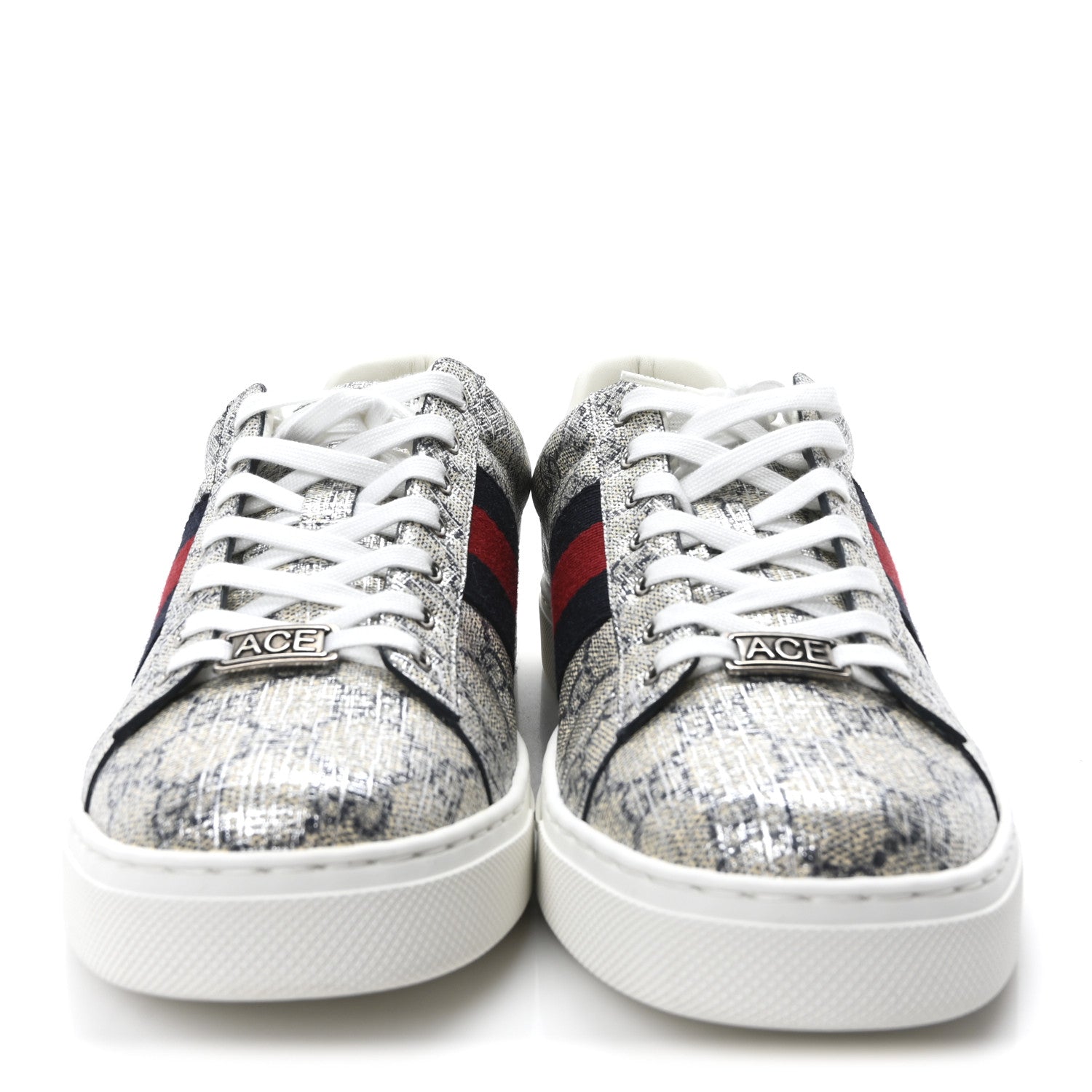 GG Supreme Monogram Metal Web Mens Ace Sneakers 7.5 Beige Blue Silver