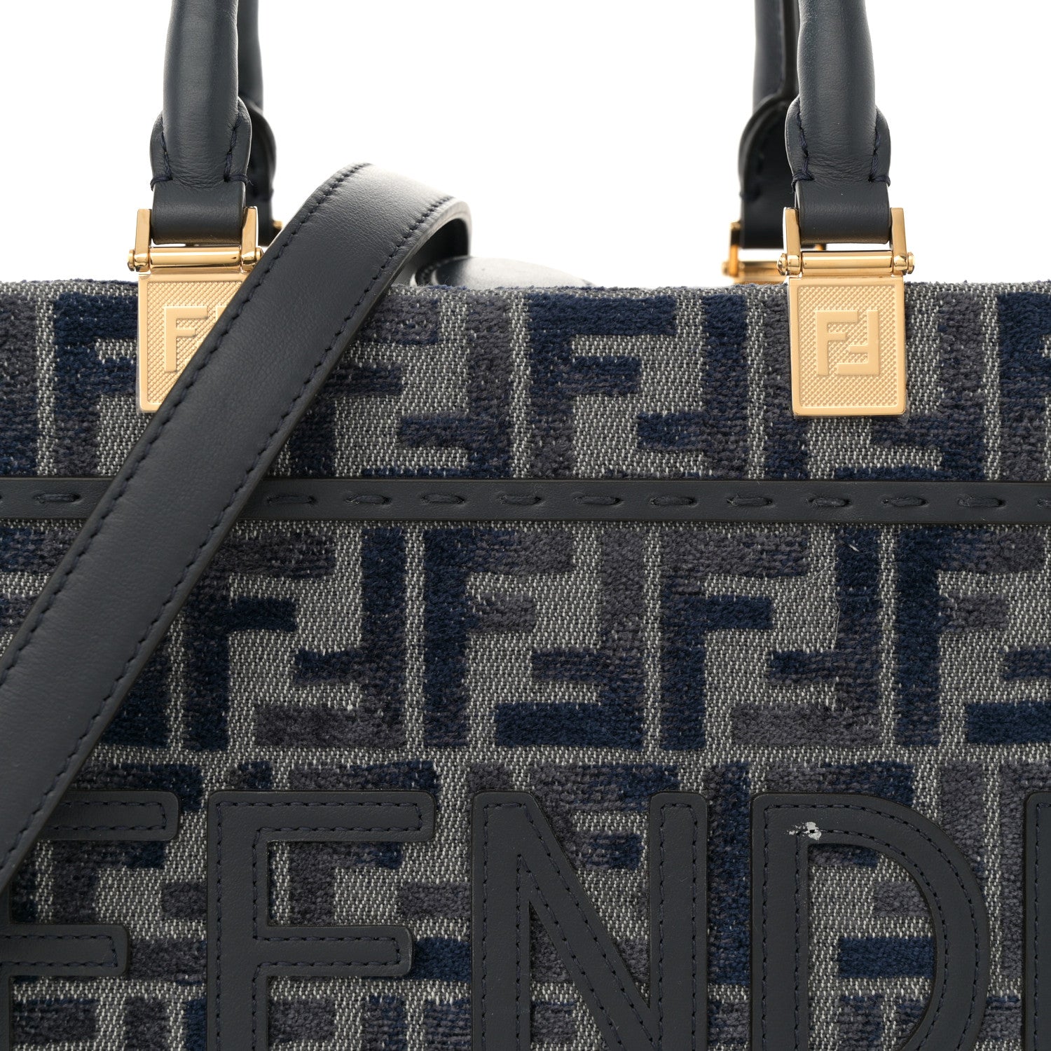 Chenille Vitello Grace FF Embroidered Small Fendi Sunshine Shopper Tote Dark Blue Grey