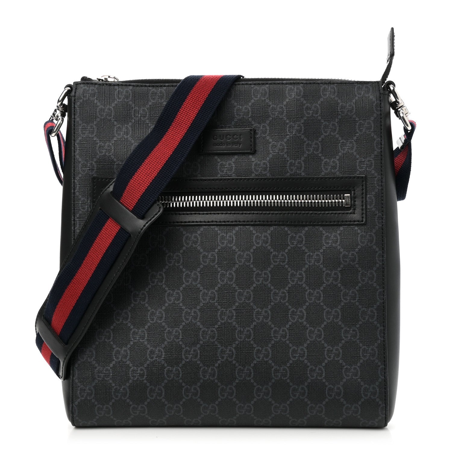 GG Supreme Monogram Appia Calfskin Web Flat Messenger Bag Black Grey