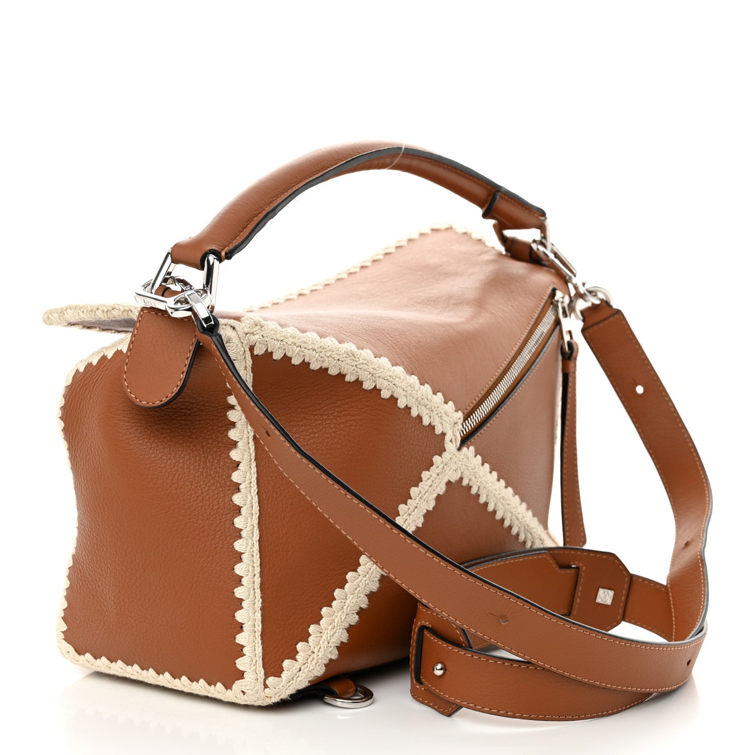 Calfskin Crochet Trim Medium Puzzle Bag Tan