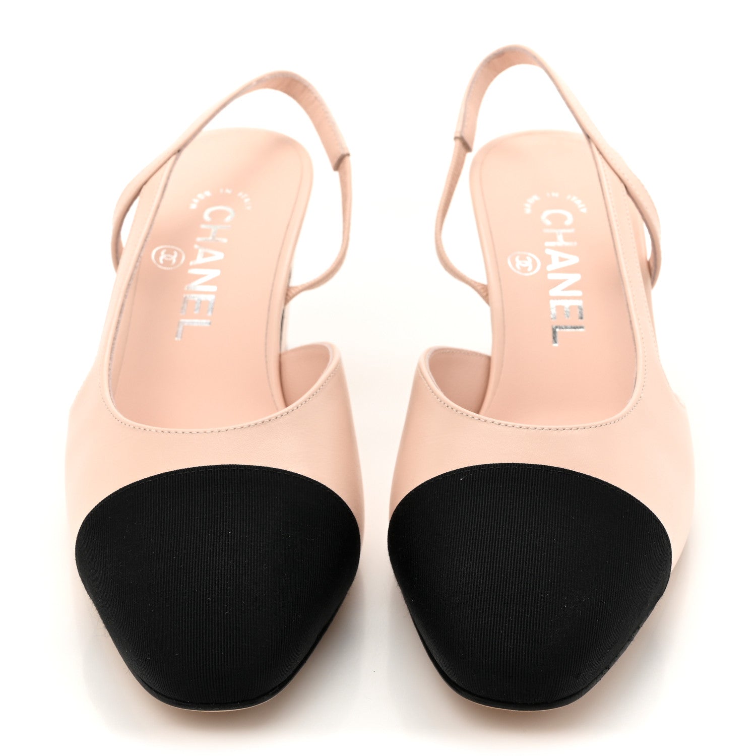 Calfskin Grosgrain Cap Toe CC Slingback Pumps 37 Light Pink Black