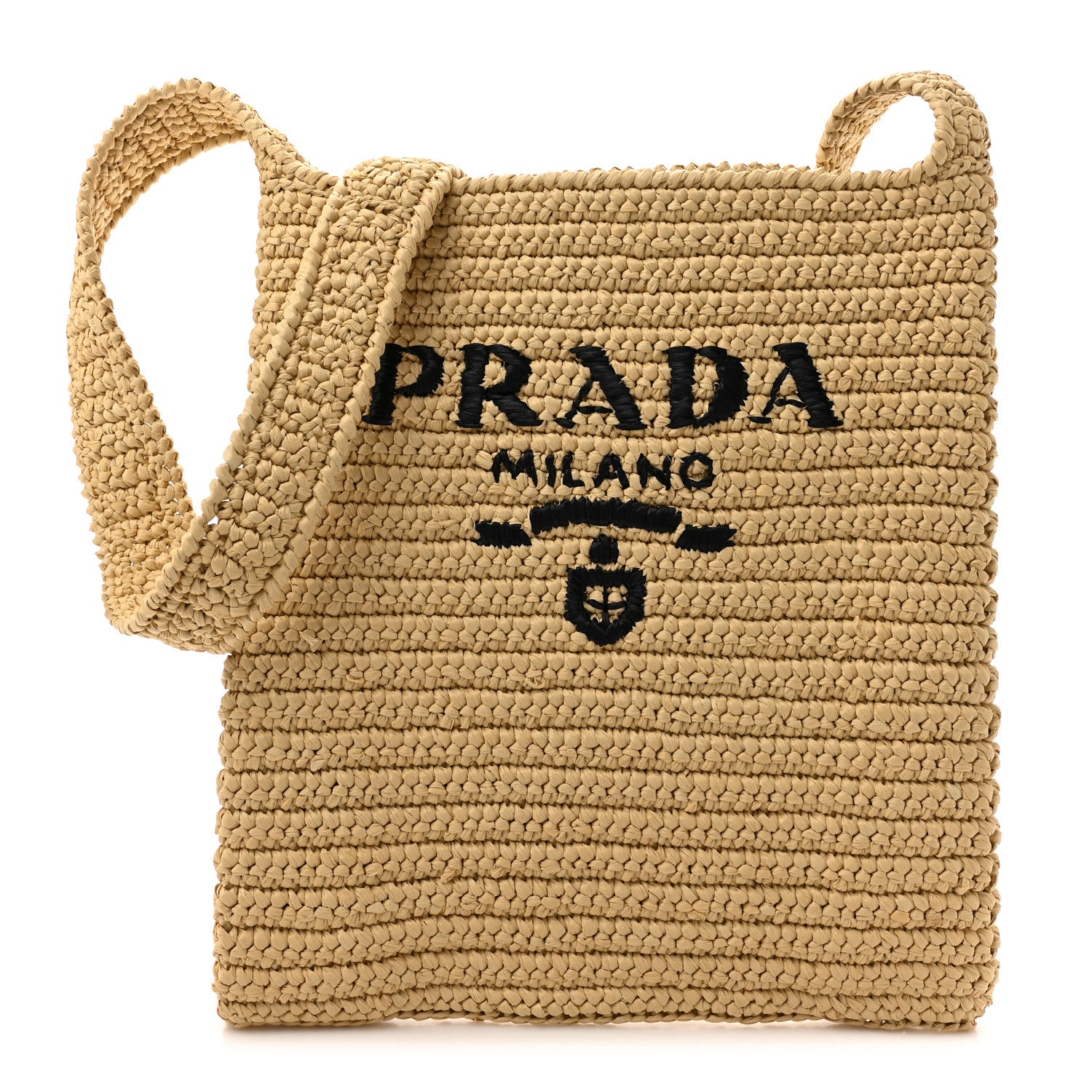 Yarn Raffia Effect Crochet Embroidered Logo Tote Messenger Bag Naturale