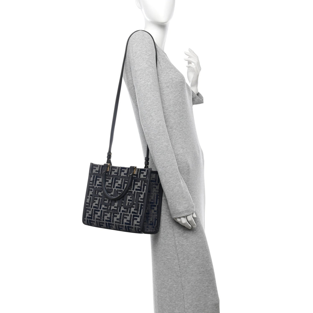 Chenille Vitello Grace FF Embroidered Small Fendi Sunshine Shopper Tote Dark Blue Grey