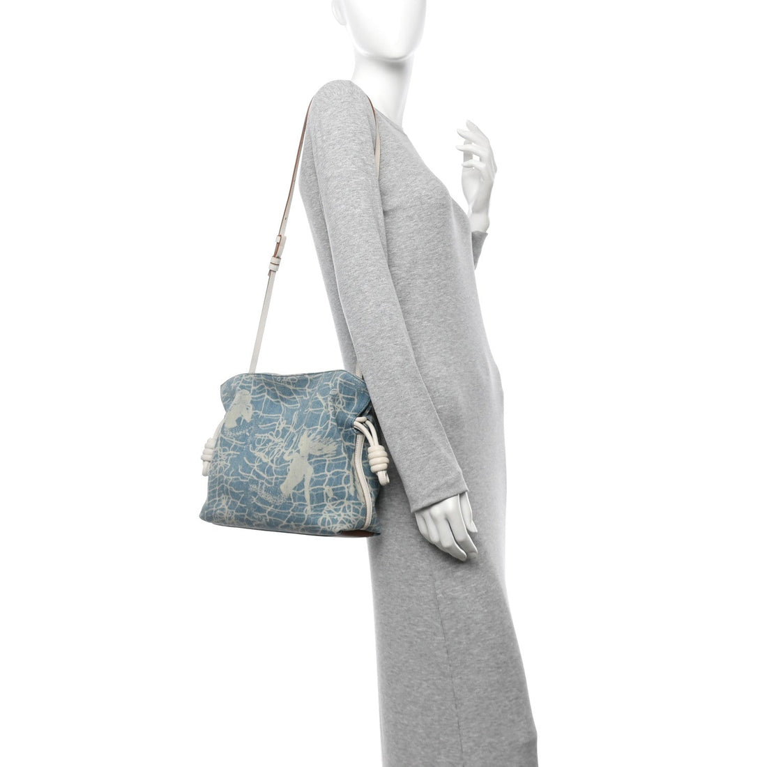 Denim Calfskin Mermaid Print Paula's Ibiza Flamenco Knot Bag Blue Tan