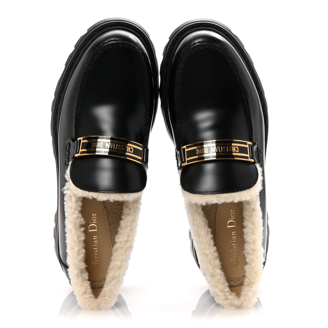 Brushed Calfskin Shearling Dior Code Lug Sole 15mm Loafers 41 Black Natural
